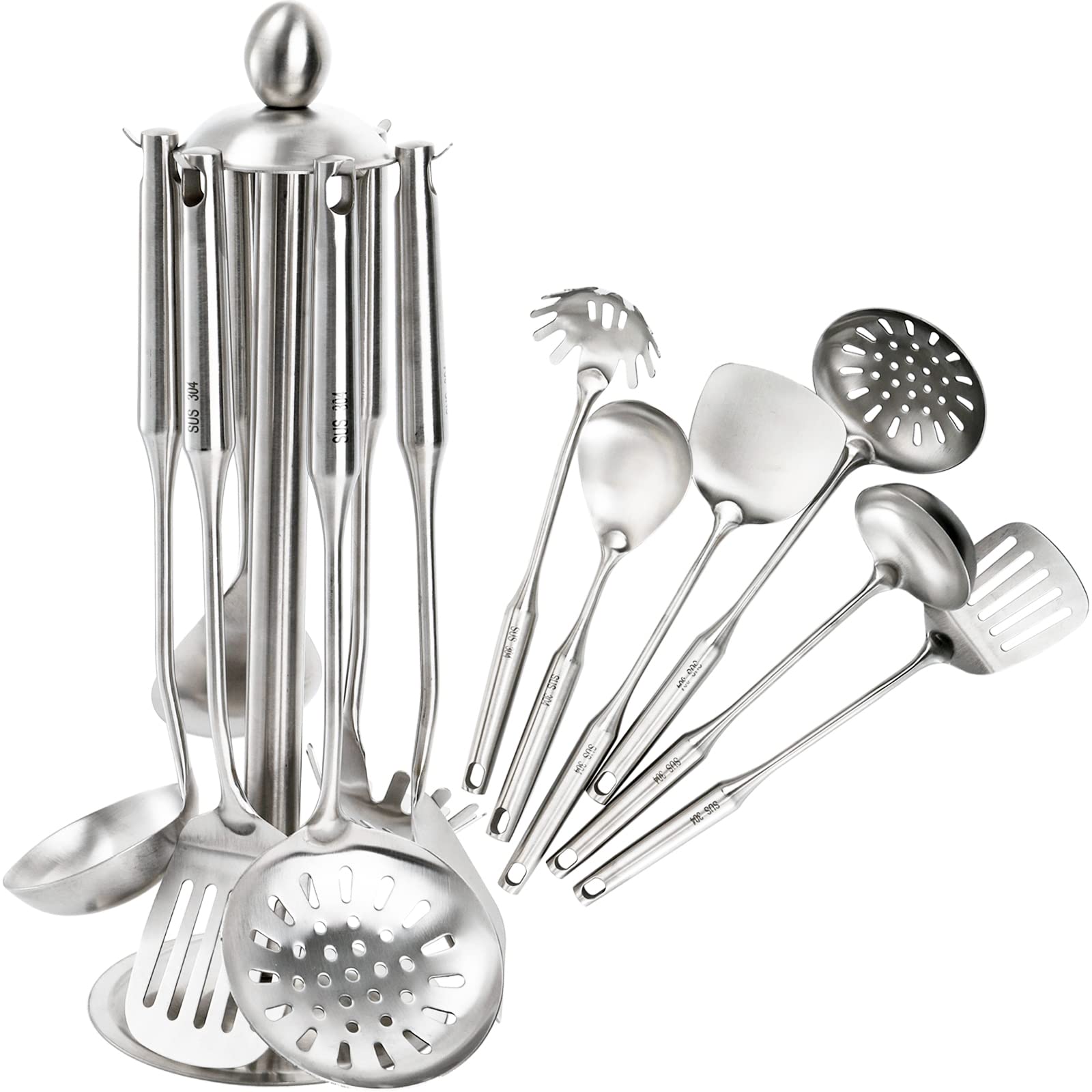 Peohud Set Of 7 Kitchen Utensil Set, 304 Stainless Steel Cooking Tools, Cookware Set With Rotating Holder, Slotted Spoon, Slotte