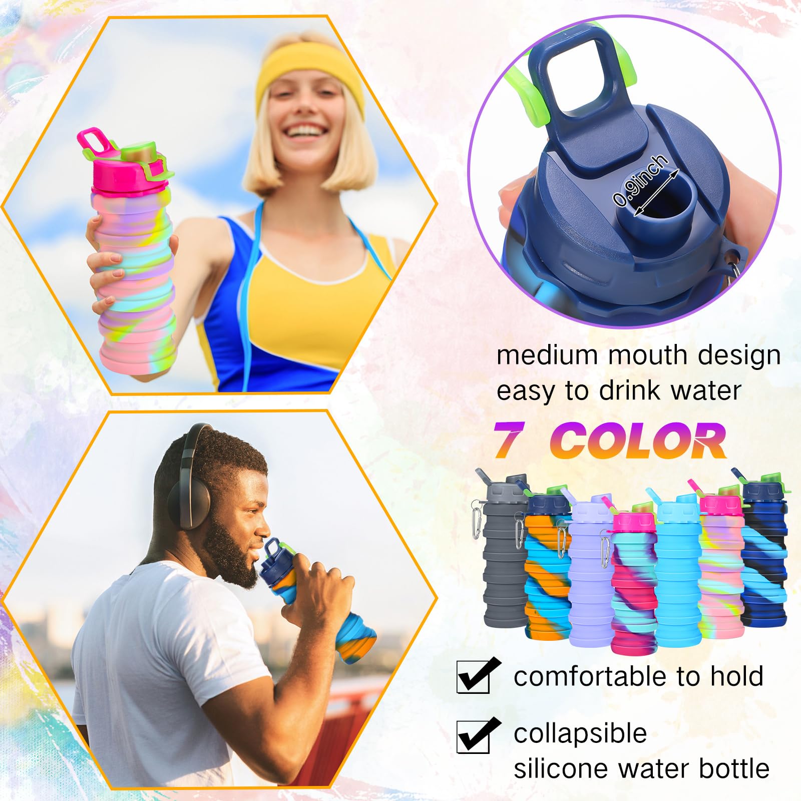 Sunnyray 20 Pack Collapsible Water Bottles 17Oz Silicone Portable Water Bottle Bulk Foldable Leak Proof Water Bottle Reusable Ca