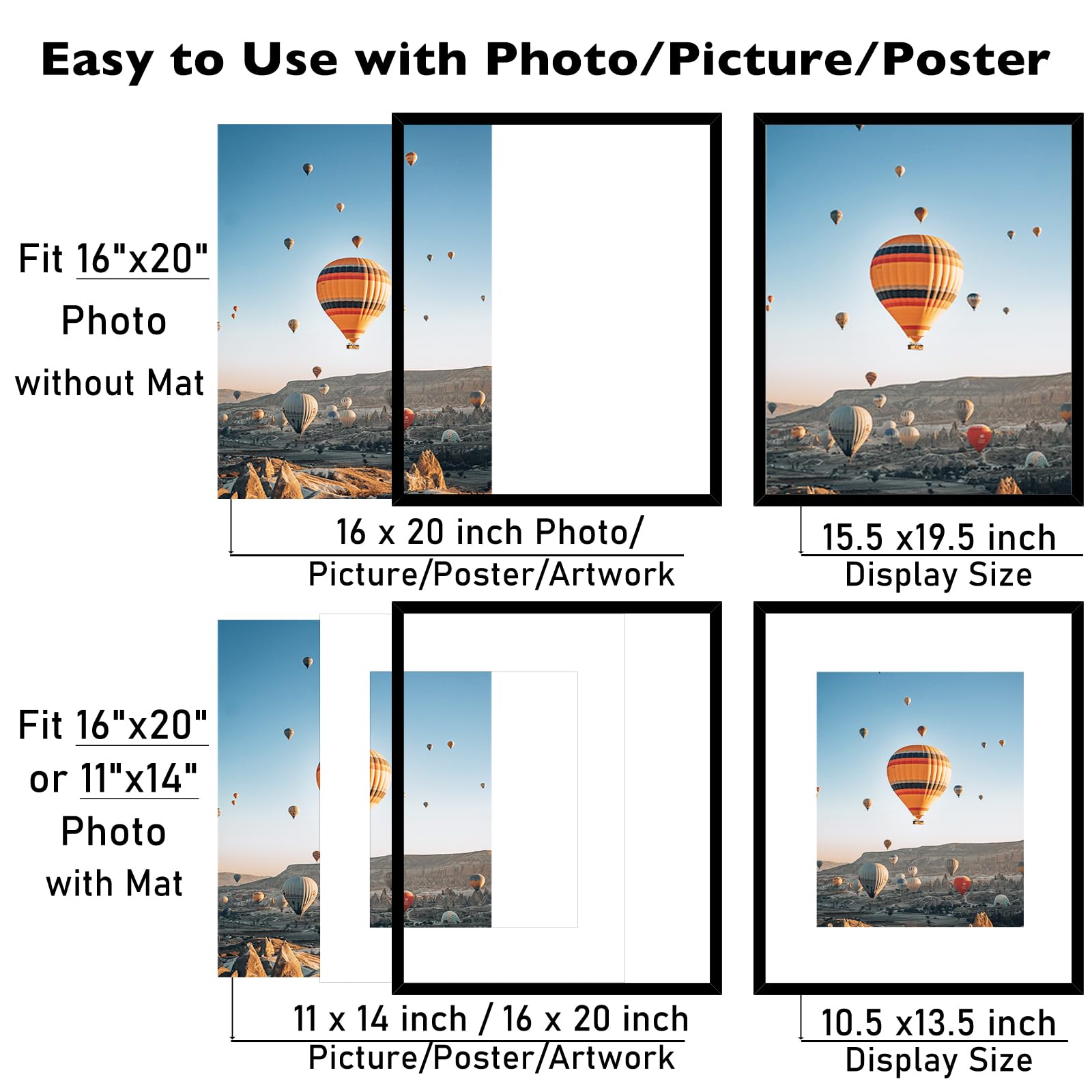 JCJMY 16x20 Picture Frame with 11x14 Mat, Display Photo 11x14 with Mat or 16 x 20 Without Mat, Wall Hanging Large 16 by 20 Poste