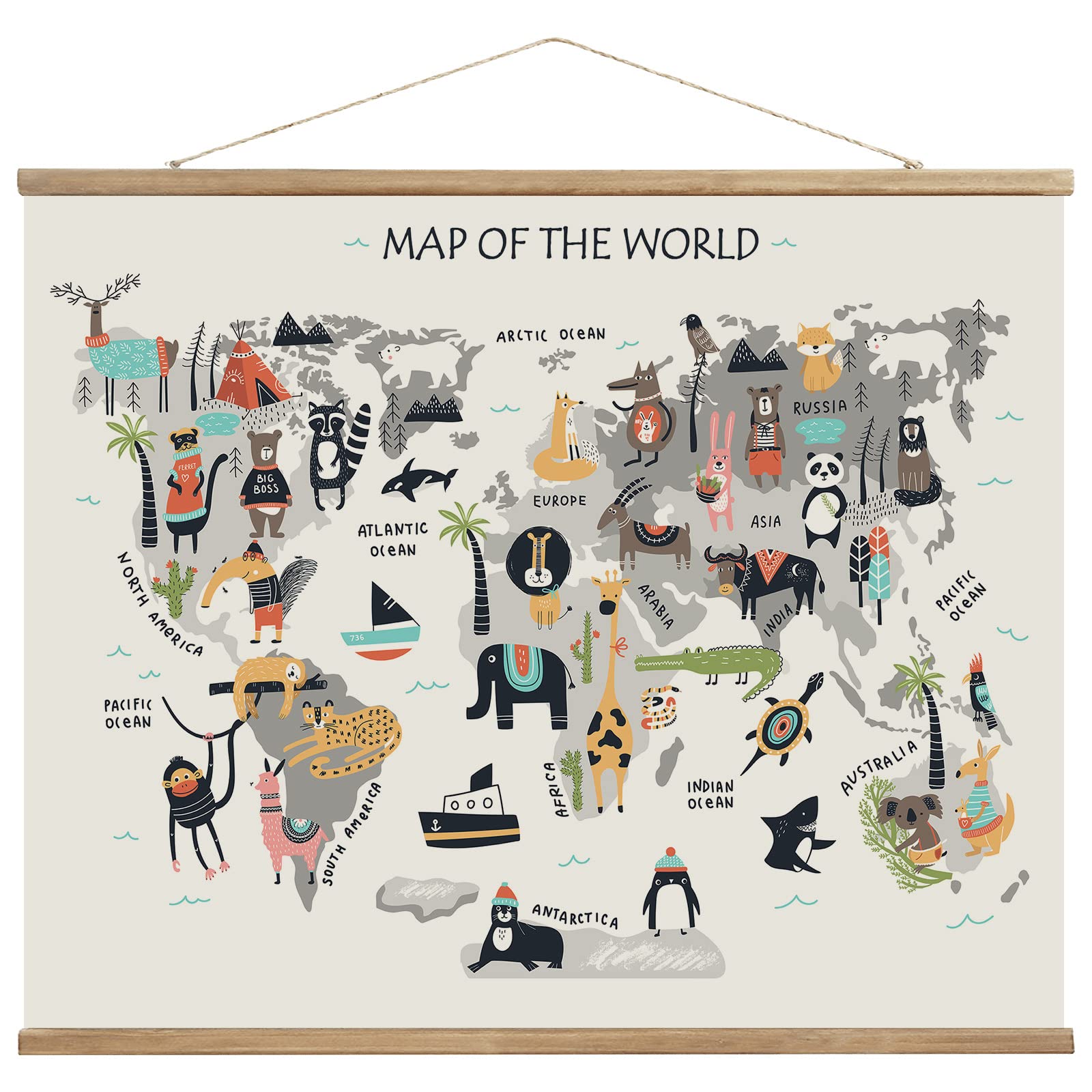 Animal World Map Hanging Canvas Wall Art , World Maps For Kids Wall, Baby Room World Map, Animals Of The World Poster For Childr