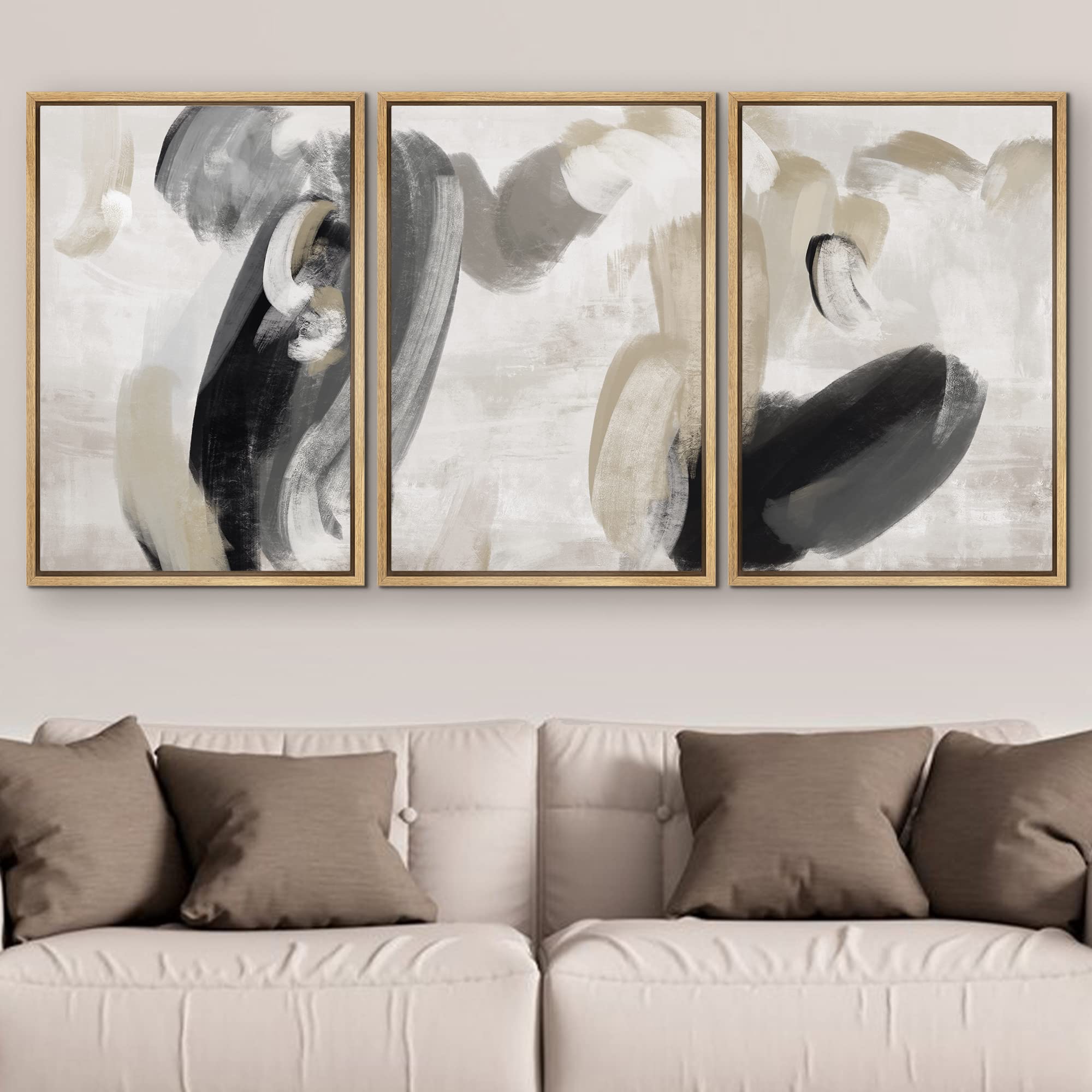 Signford Framed Canvas Print Wall Art Set Black Tan Paint Stroke Collage Abstract Shapes Illustration Modern Art Decorative Nord