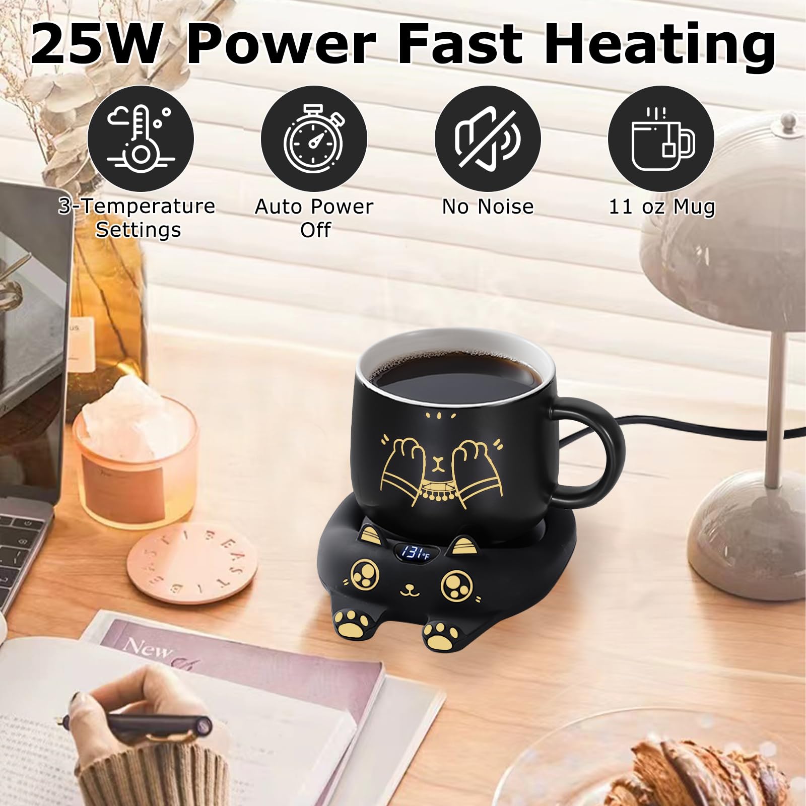 Pusee Coffee Mug Warmer & Cute Cat Mug Set, Coffee Cup Warmer For Desk With Auto Shut Off, Beverage Warmer With 3 Temp Settings,