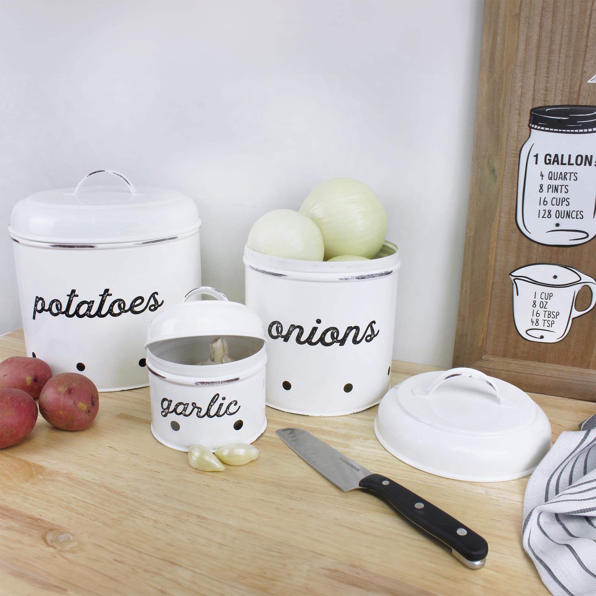 Auldhome Potatoes, Onions And Garlic Canister Set; Rustic White Enamelware Vegetable Storage Containers