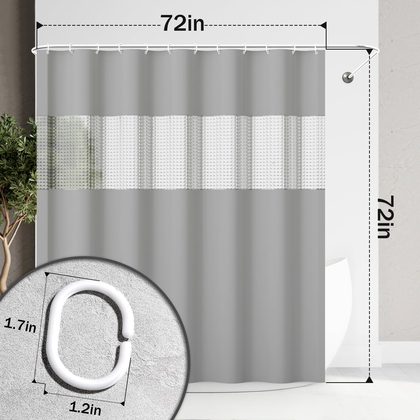 Color Block Shower Curtain, 72 X 72 Inch - Grey Shower Curtain, Plastic Waterproof Shower Curtain For Bathroom, With 12 Plastic