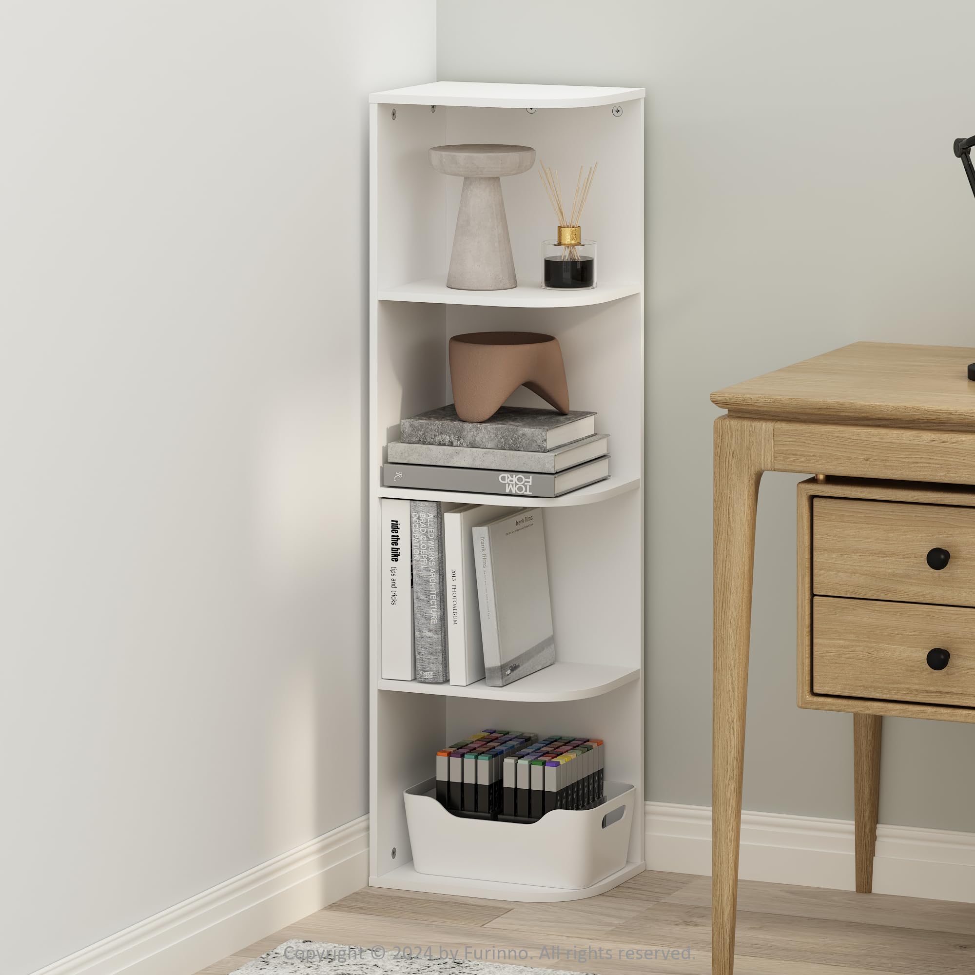 Furinno Reed 4-Tier Space Saving Corner Storage Display Shelf, White