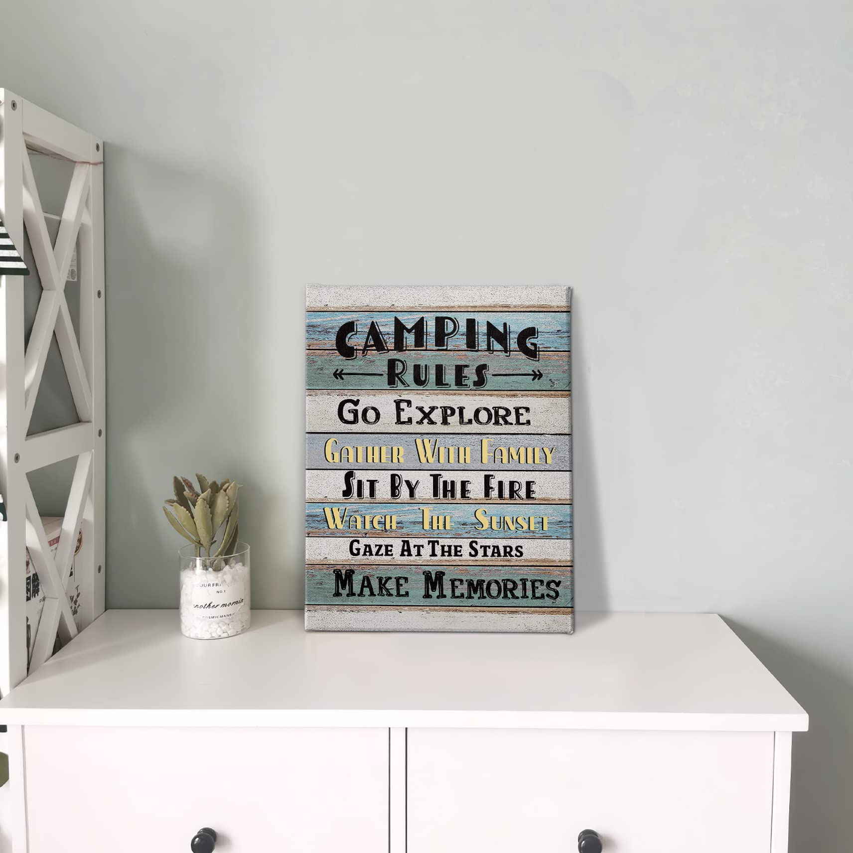 Phamte Funny Camping Rules Quote Wall Art, Farmhouse Rustic Camping Rules Camper Signs Print Framed Canvas Painting Artwork Rv H