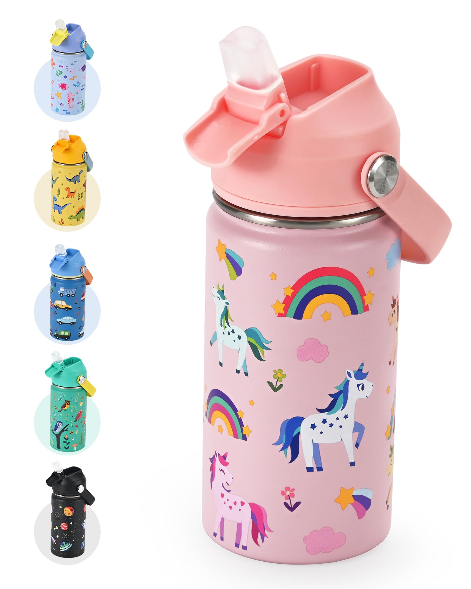 Kids Water Bottle 14oz with Silicone Straw Lid - Insulated Toddler Water Bottle Stainless Steel Keeps Cold 24H, Leak Proof & Uni