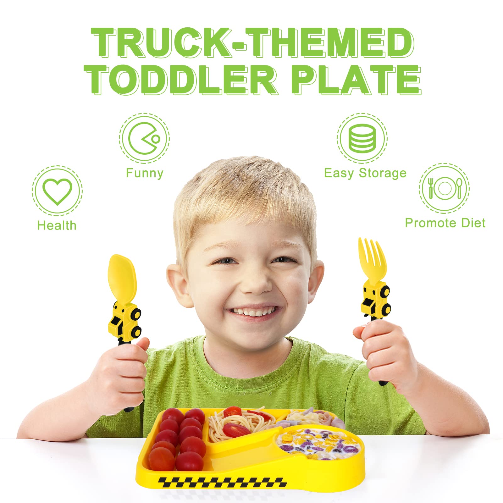Toddler Plates - Toddler eating Utensil set with Spoon Fork and Removable Straw - construction theme Toddler Utensils - Baby Pla