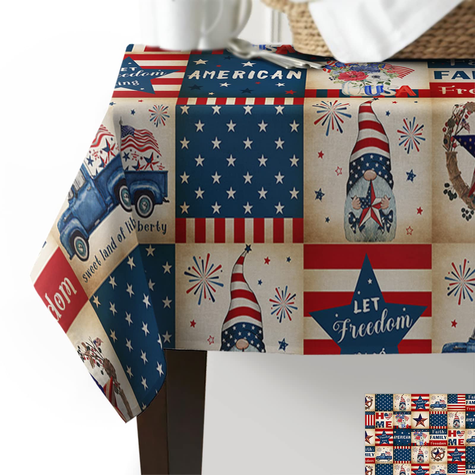 Independence Day Rectangle Dining Table Cloths  Vintage 4th of July Lattice Linen Tablecloth American Star Flag Checker Tables Cover for Kitchen Dinner Indoor Outdoor Holiday Party Decor 60x84in