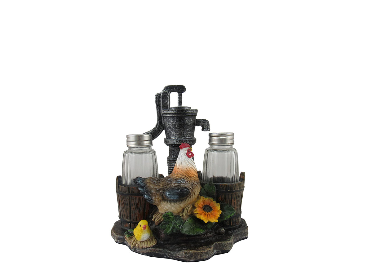 Dwk Farmhouse Chicken Figurine With Vintage Water Pump Spice Holder With Refillable Salt And Pepper Shakers 3 Piece Set | Rustic