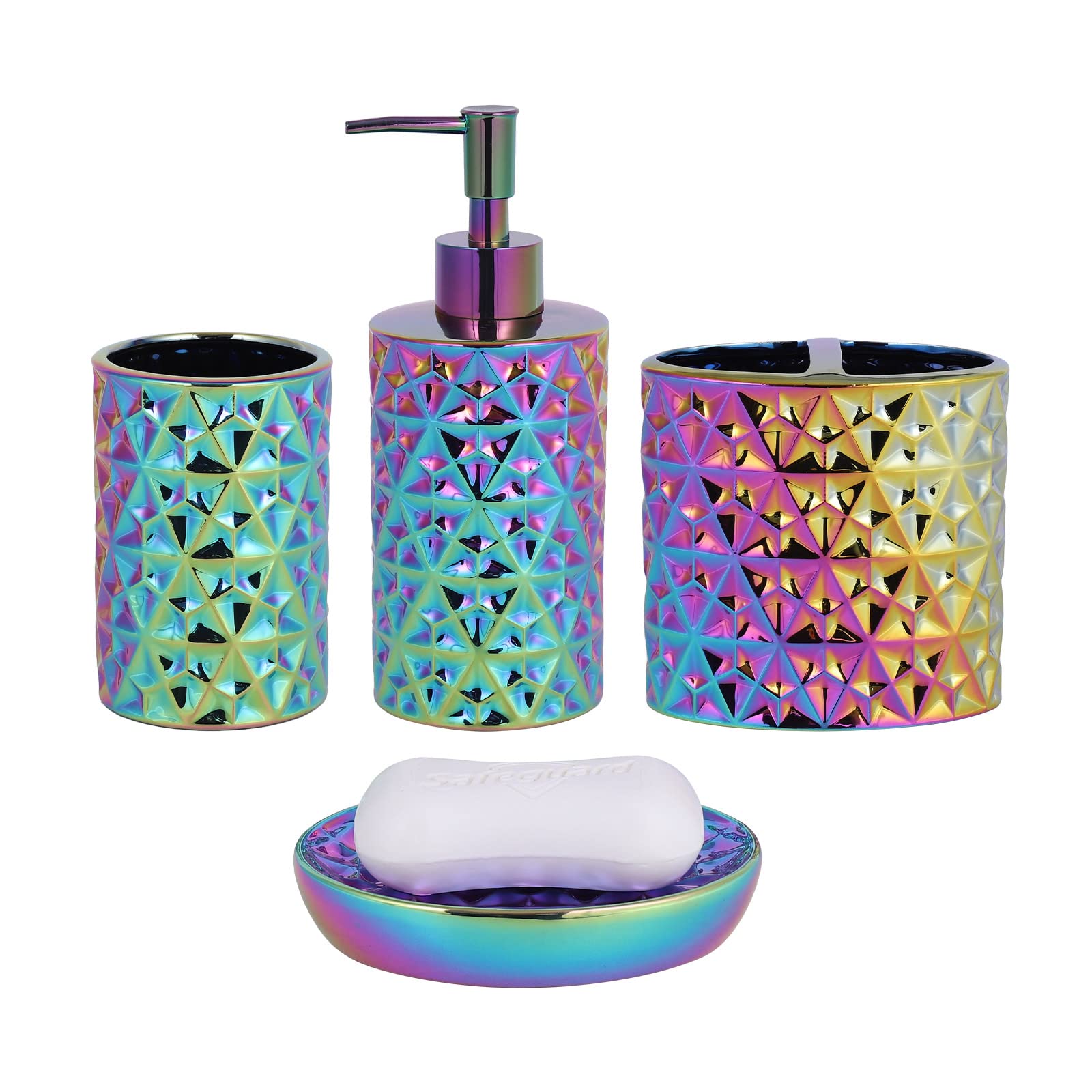 Rxlvcky Colorful Bathroom Accessories Set 4 Pcs, Lotion Soap Dispenser, Soap Dish, Toothbrush Holder, Tumbler, Countertop Vanity