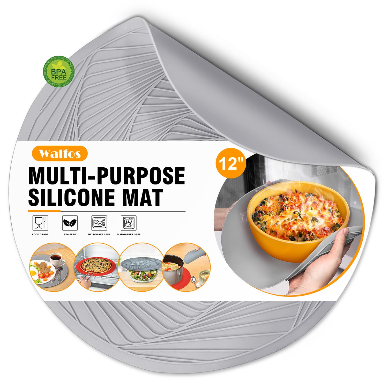 Walfos 12 Inch Silicone Microwave Mat, Microwave Food Cover, Multi-Purpose Hot Pad, Silicone Trivet, Pot Holders For Kitchen, No