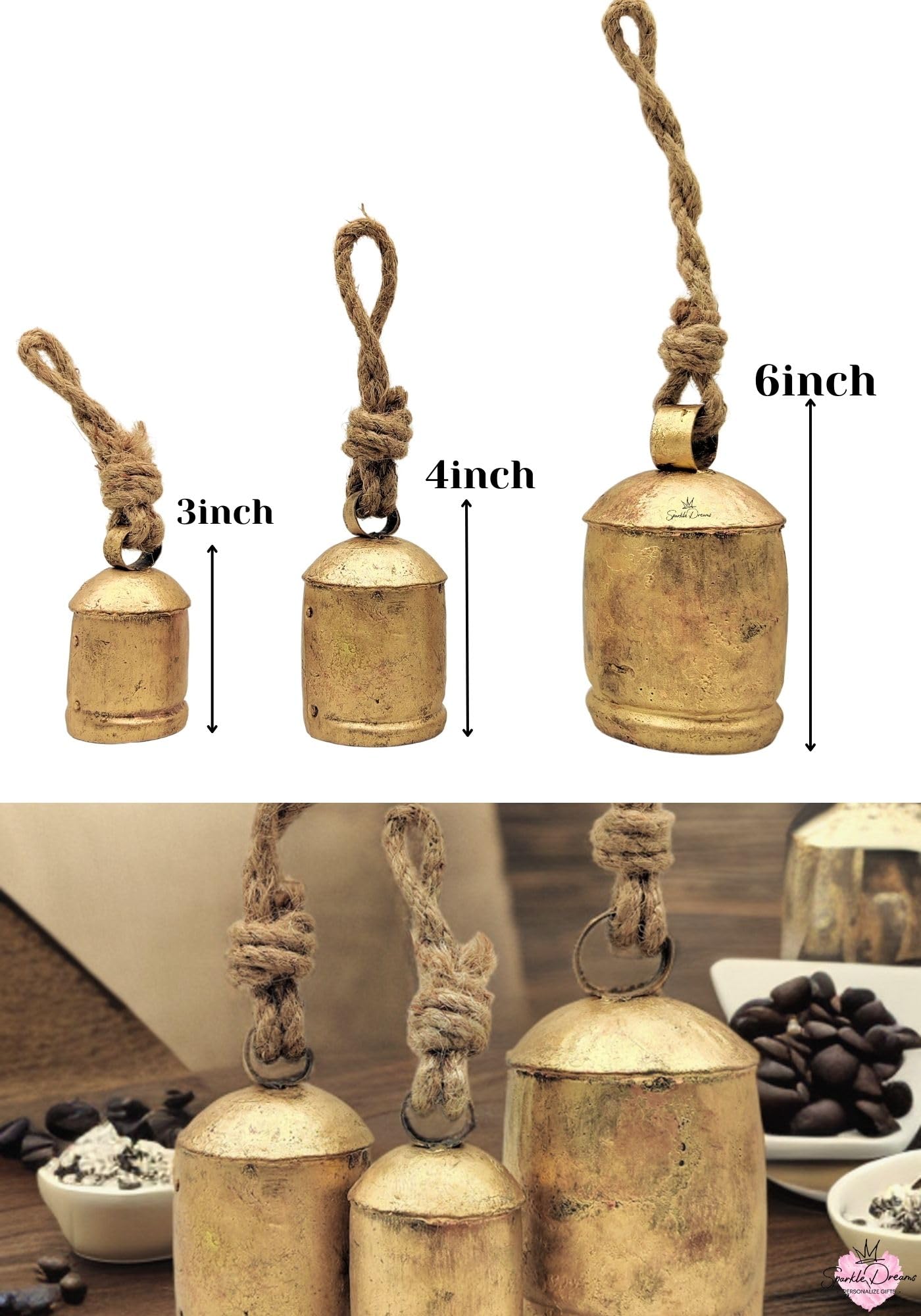 Sparkle Dreams Shabby Chic Vintage Country Style Rustic Metal Bells Set of 3 Hanging Harmony Giant Cow Bells on Rope