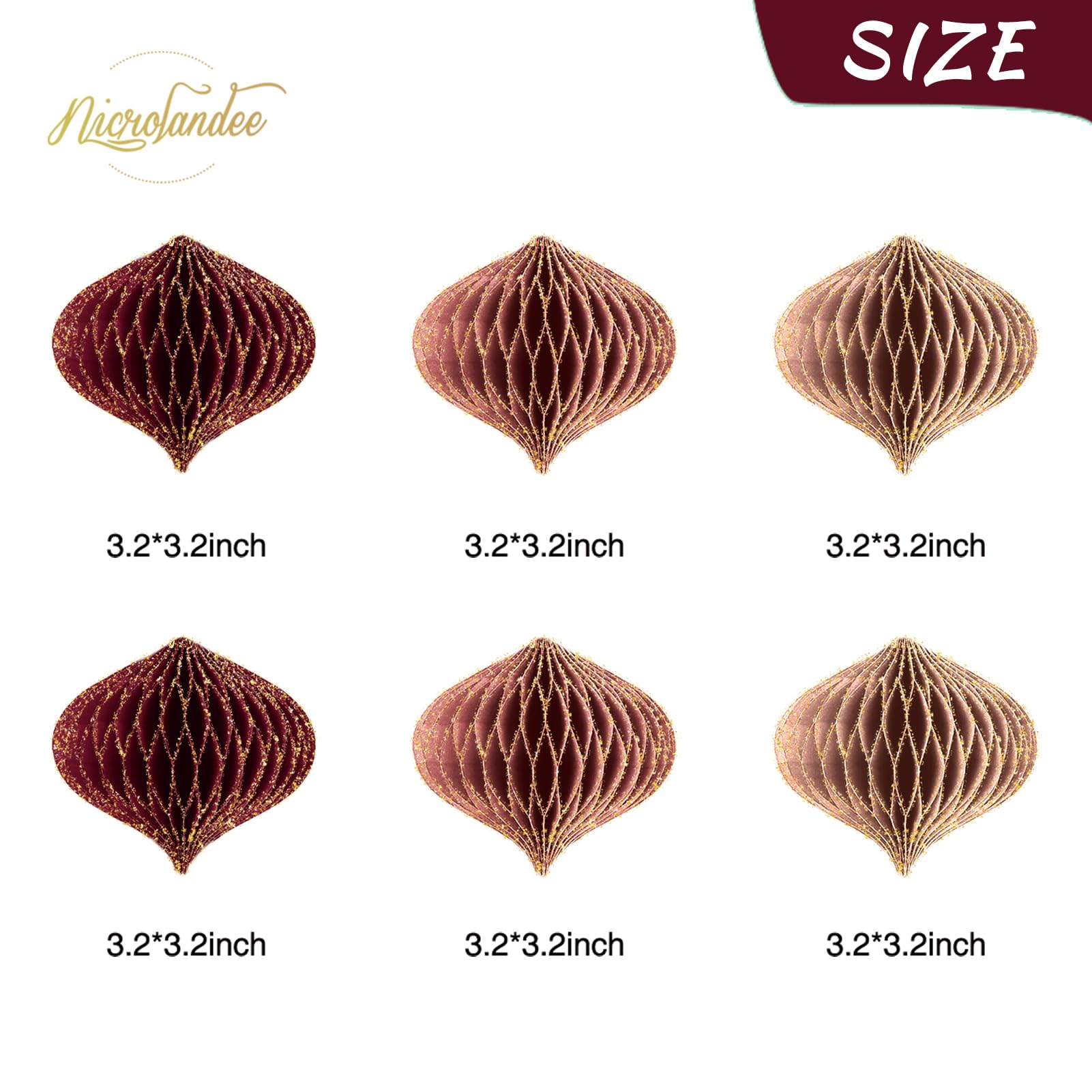 NICROLANDEE Wedding Decorations, 6 PCS Burgundy MIni Glitter Gold Edge Honeycomb Lanterns Ornaments for Christmas Tree Decoratio