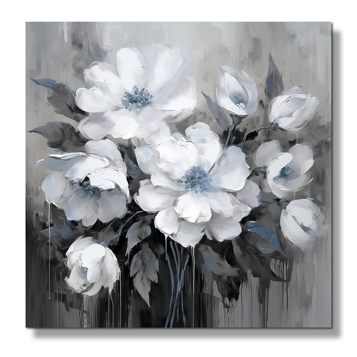 Anzhongart Bathroom Wall Art,Flower Wall Art,Canvas Wall Art,Small Wall Art Gray And White And Blue Flower Wall Art-Floral Canva