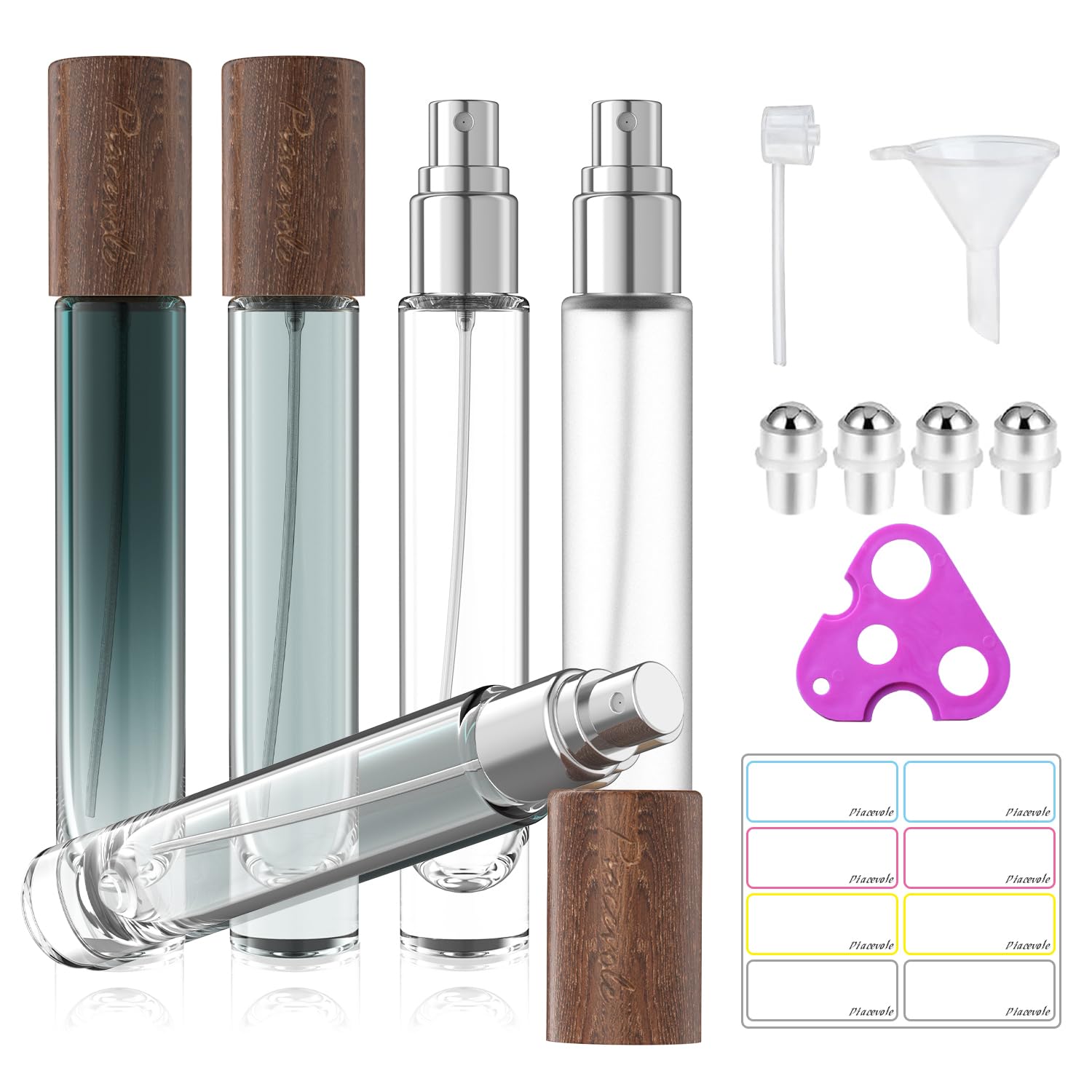 Piacevole 4 Pcs 10ml/0.34 Oz Travel Perfume Atomizer with Refilling Tool, Empty Refillable Glass Spray Bottle, Replaceable Essen