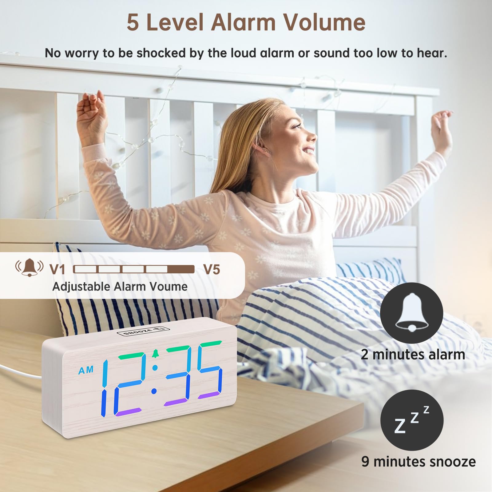 DreamSky Wooden Digital Clock for Bedroom Desk - RGB Loud Alarm Clock for Heavy Sleepers with Volume Control, Large Numbers with