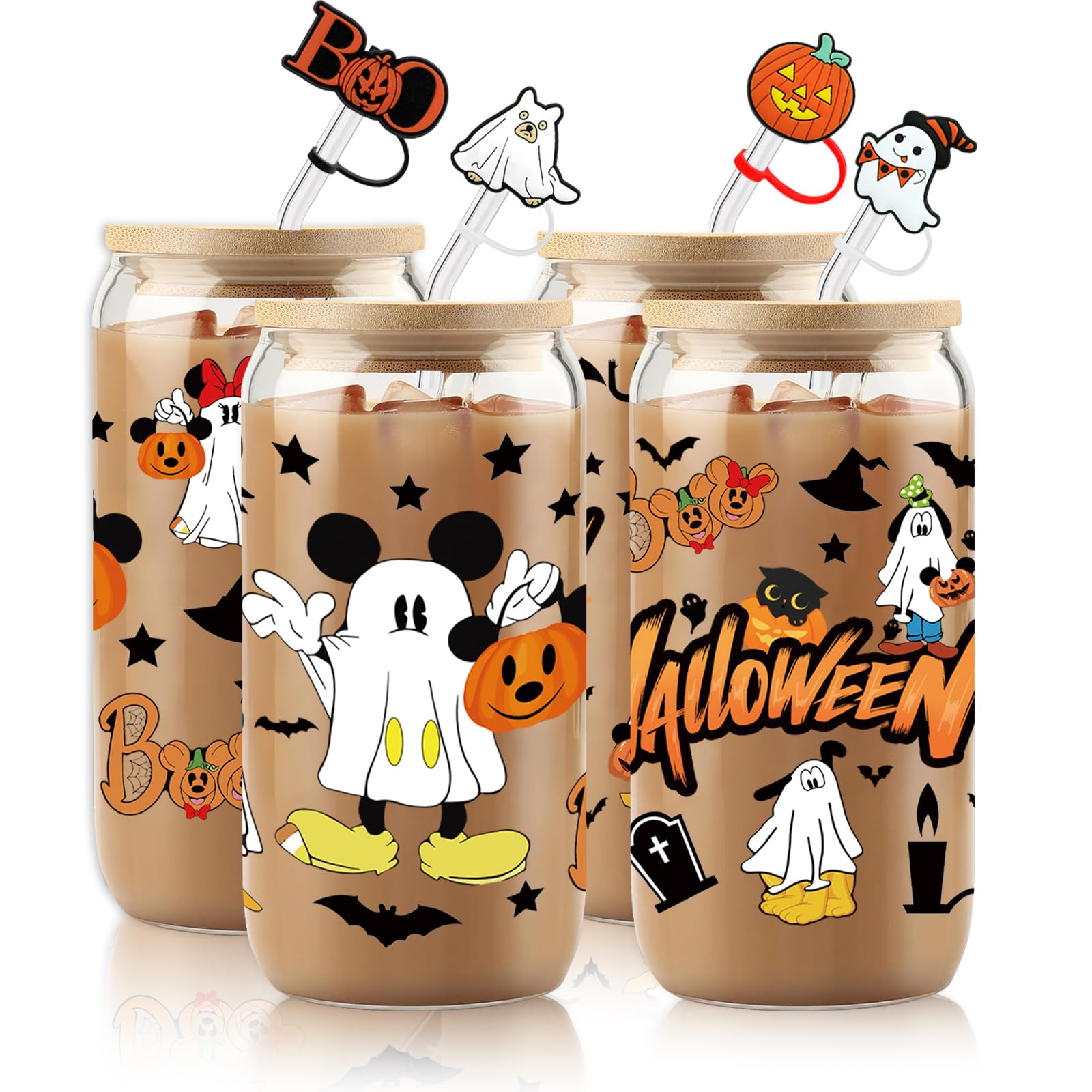 qiyeyeye 4Pcs 16oz Halloween Ghost Glass Cups with Lids and Straws, Cute Mouse and Pumpkin Pattern Design, Iced Coffee Tumblers,