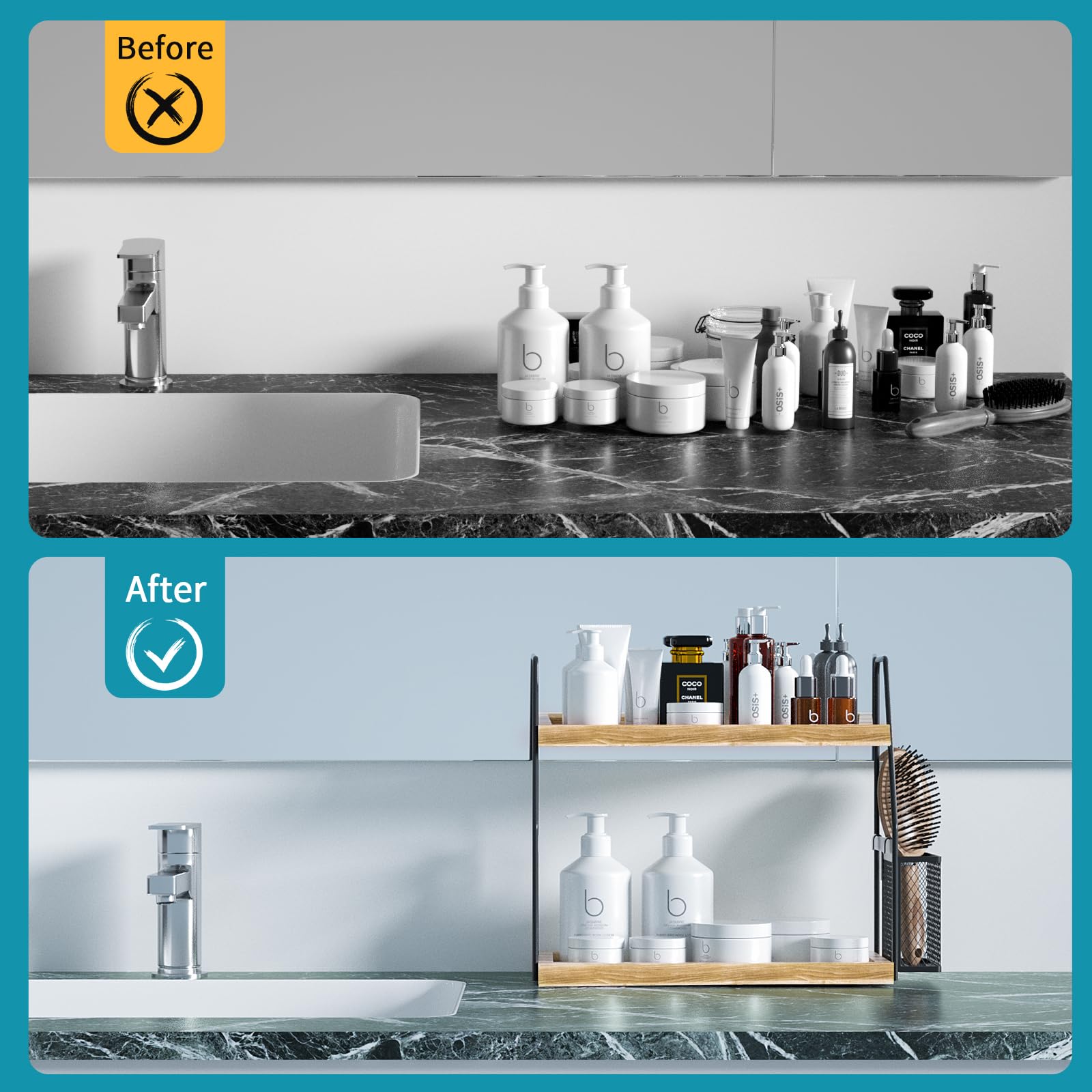 Nroech Bathroom Organizer Countertop  2-Tier Standing Counter Shelf with Basket  Wood Tray for Kitchen Vanity Organizer