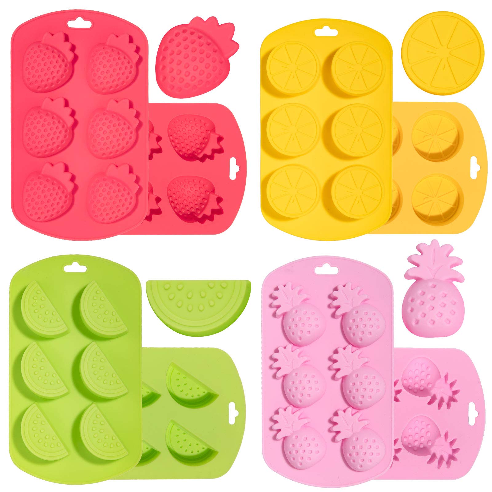 Whaline 4 Pack Fruit Shaped Silicone Mold Pineapple Orange Watermelon Strawberry Chocolate Candy Baking Mould 3D Summer Fruit Ic