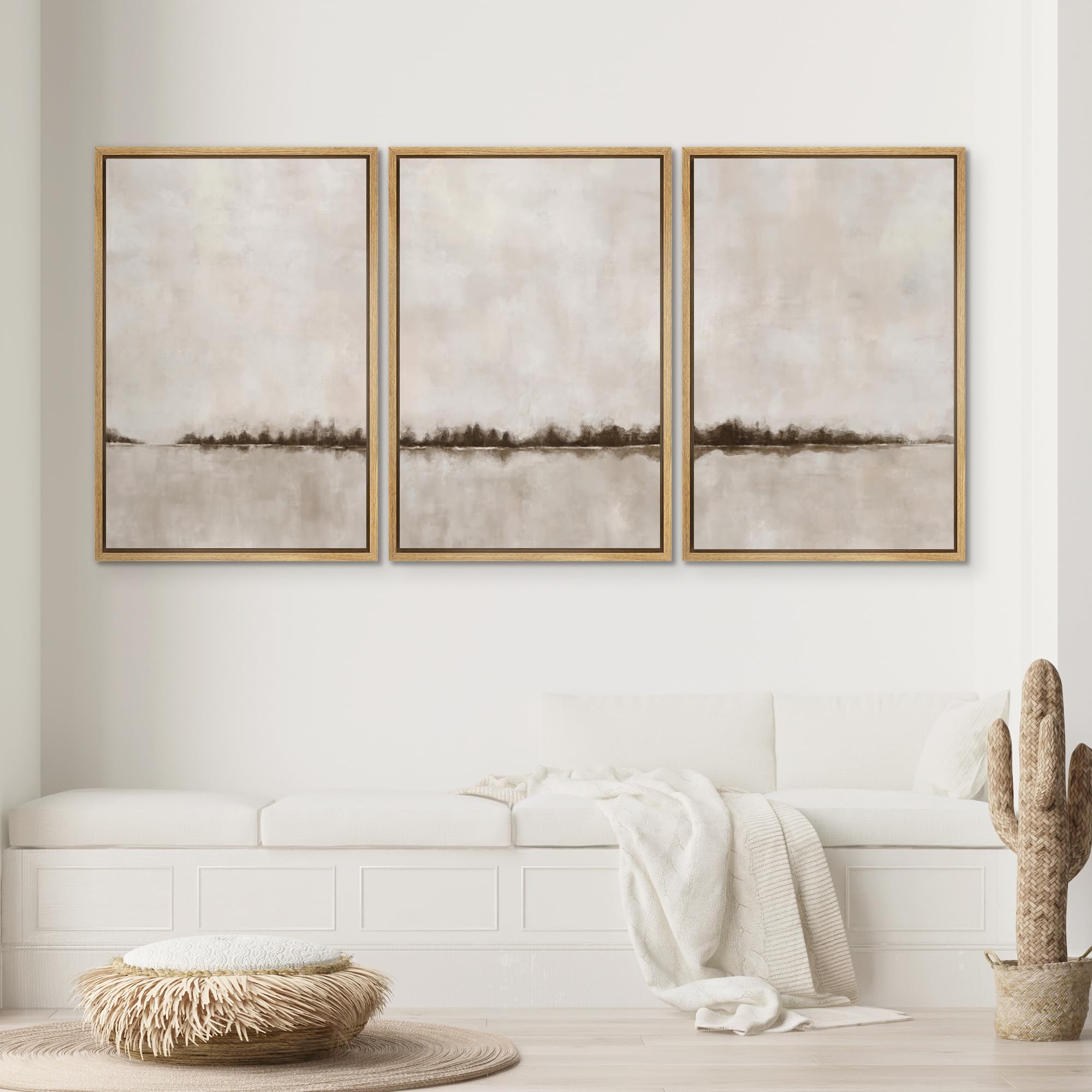 Signwin Framed Canvas Print Wall Art Set Brown Tan Pastel Watercolor Grunge Landscape Abstract Shapes Illustrations Decorative R