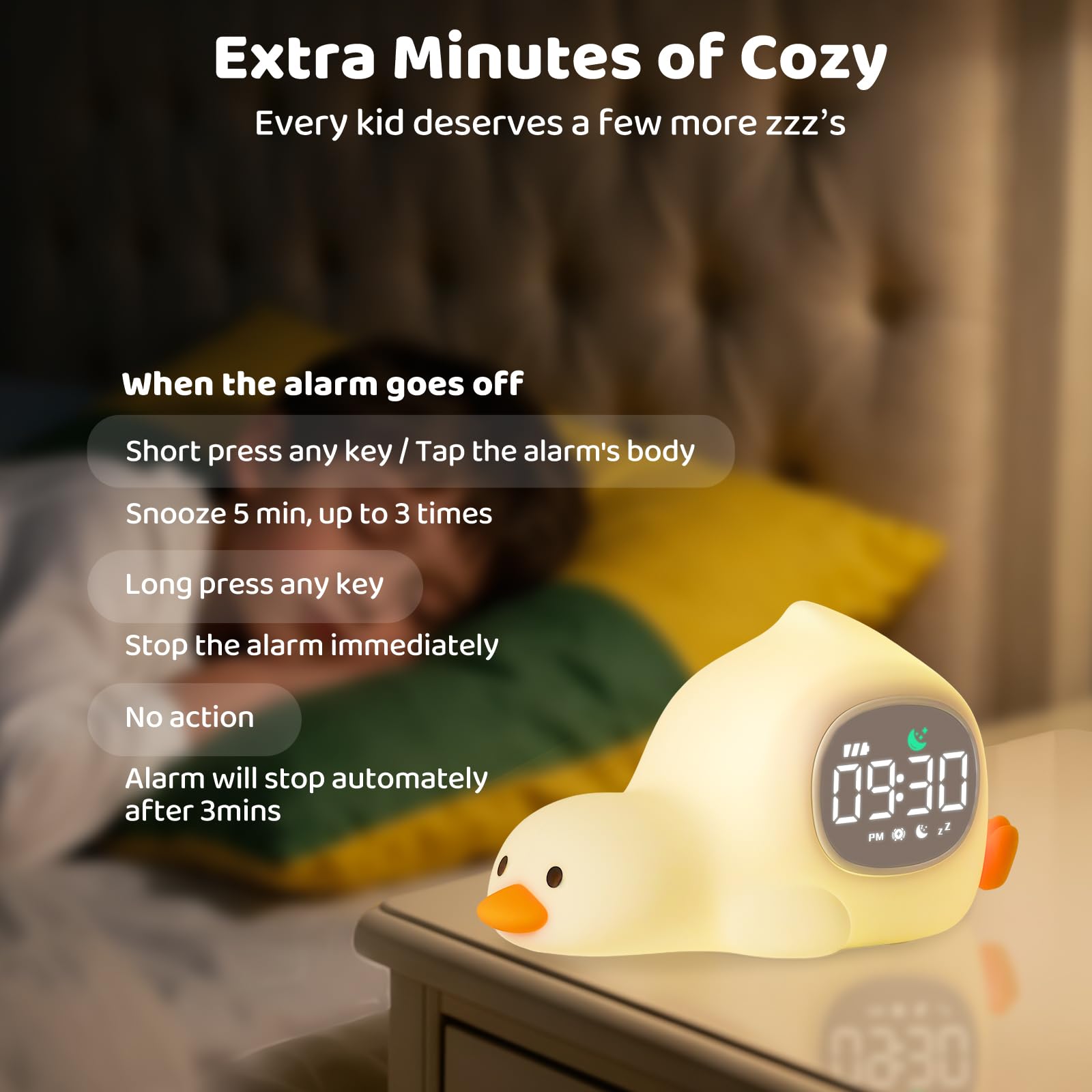 Aokpsrt Laying Duck Alarm Clock with Night Light, Sleep Training Sound Machine, Rechargeable Silicone Lamp, White