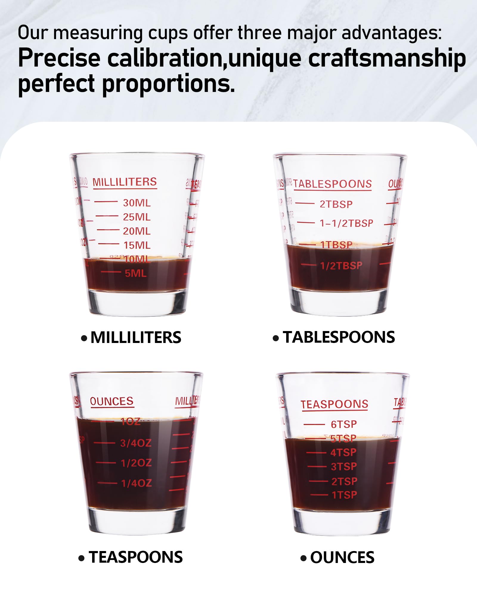 Shot Glasses Measuring Cup Set 4Pack Espresso Shot Glasses Liquid Heavy Glass 26-Incremental Measurement 1 Oz, 2 Tbs, 6 Tsp, 30