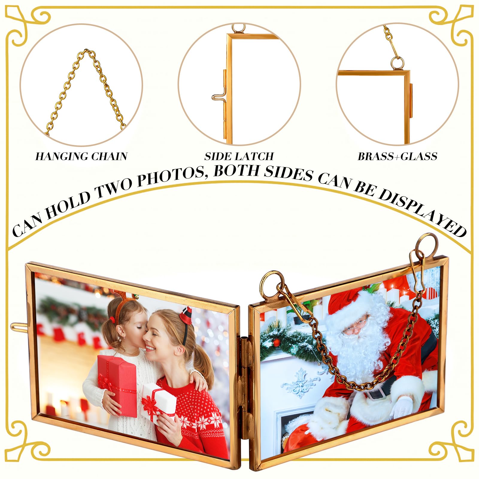Qunclay 6 Pcs 2x3    3x2    Christmas Brass Picture Frame Ornaments Xmas Metal Double Glass Hanging Photo Frame with Metal Chain
