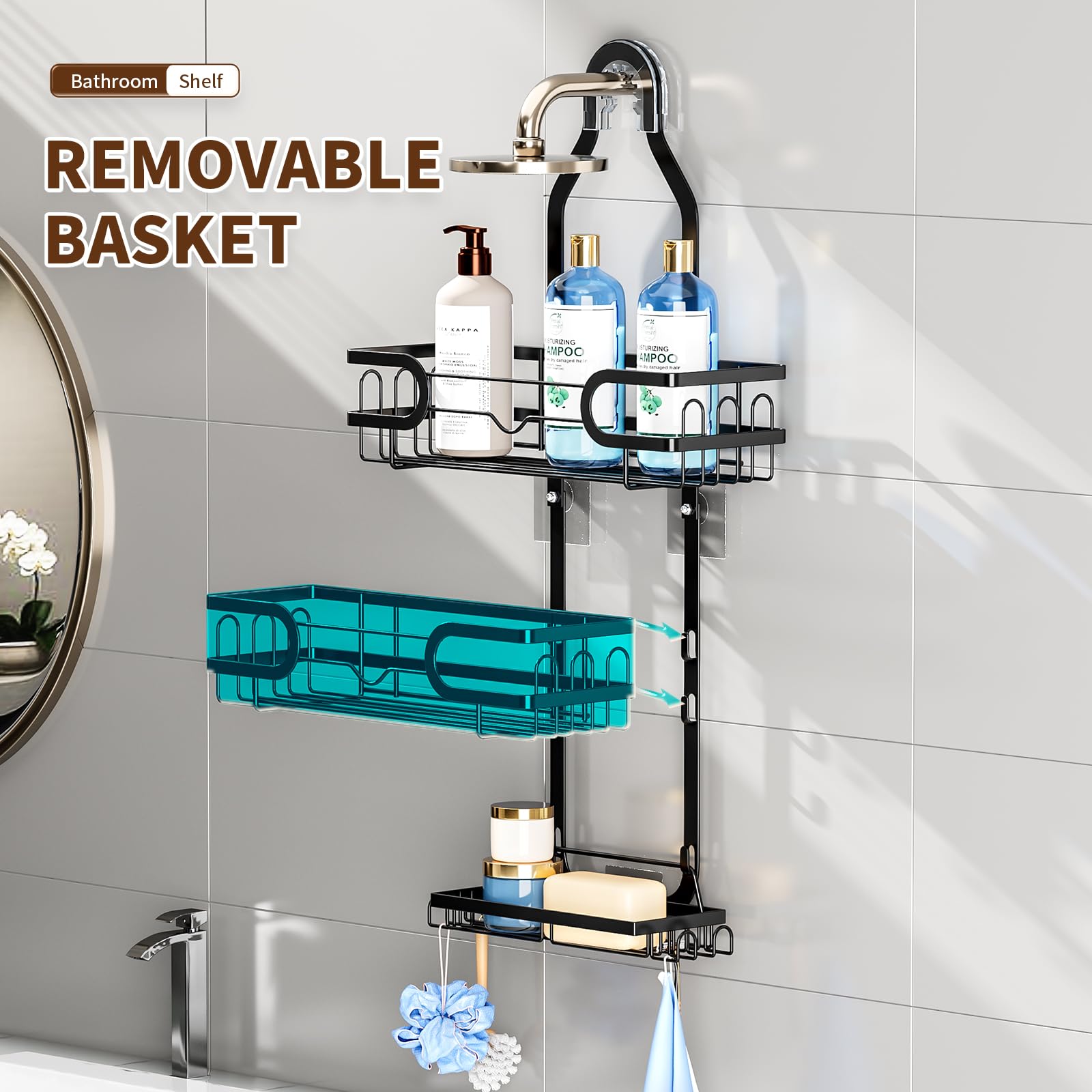Gaokase Shower Caddy Over Shower Head Hanging, Shower Caddy With Removable Baskets, Bathroom Shower Organizer 3 Tier, Rustproof