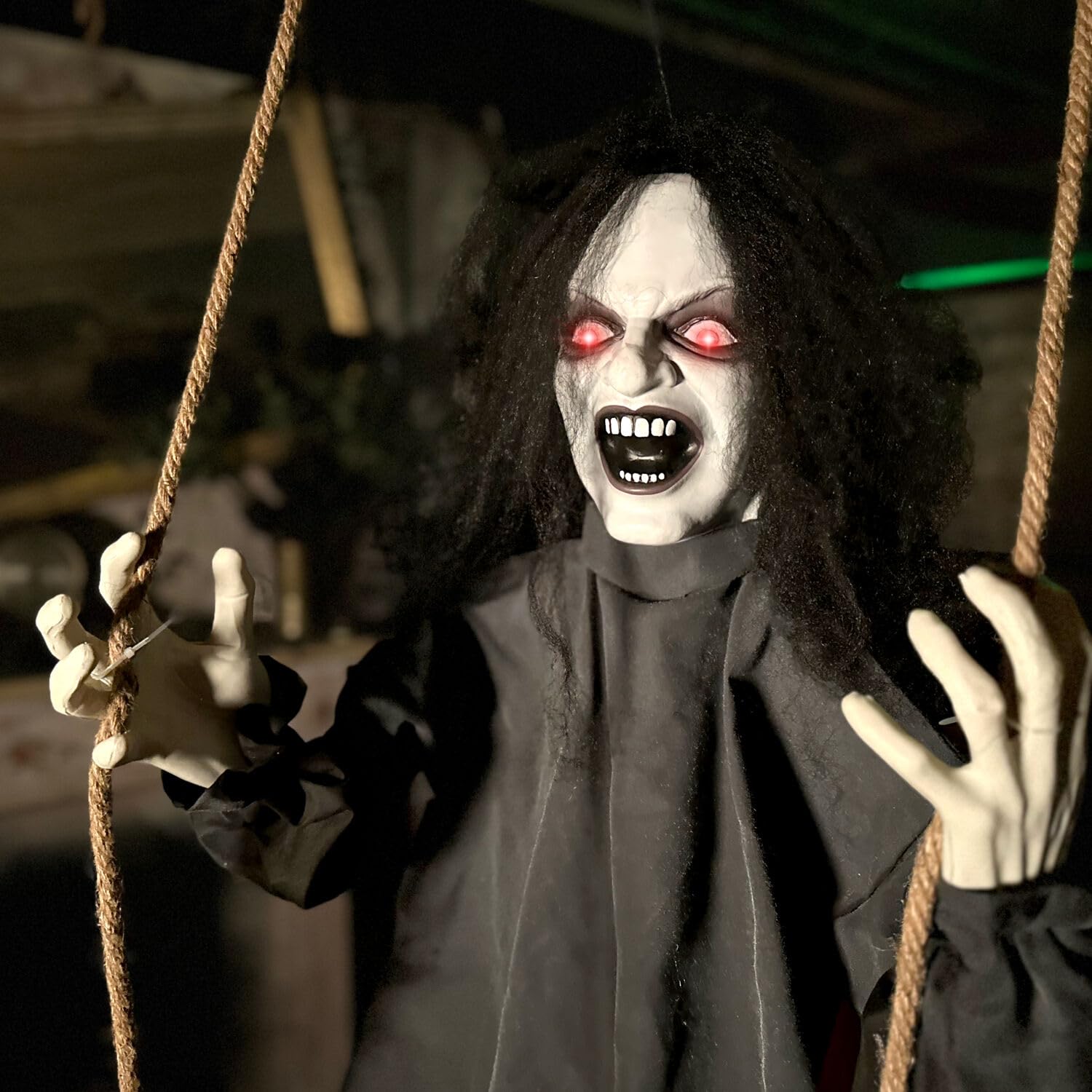 Haunted Hill Farm Animatronic Scary Talking Demon Woman on Swing with Touch Activated Lights and Sound, Battery-Operated Indoor