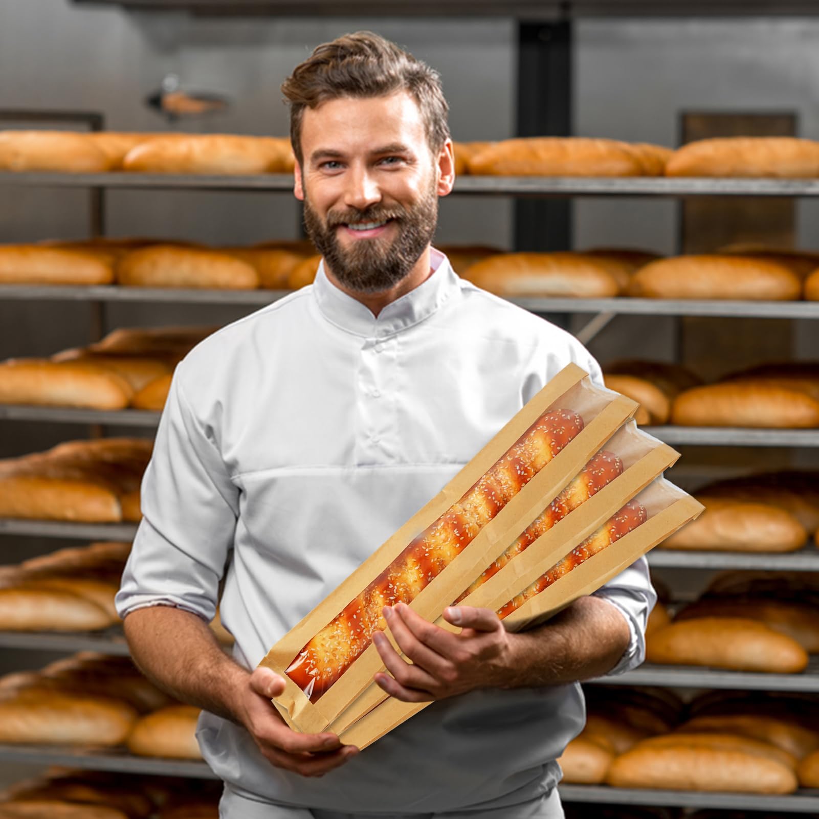 Pakiper 50 Pack Cookie Packaging Bread Bags,Baguette Bags For Bread,Kraft Paper Bread Bags With Front Window, For Homemade Bread