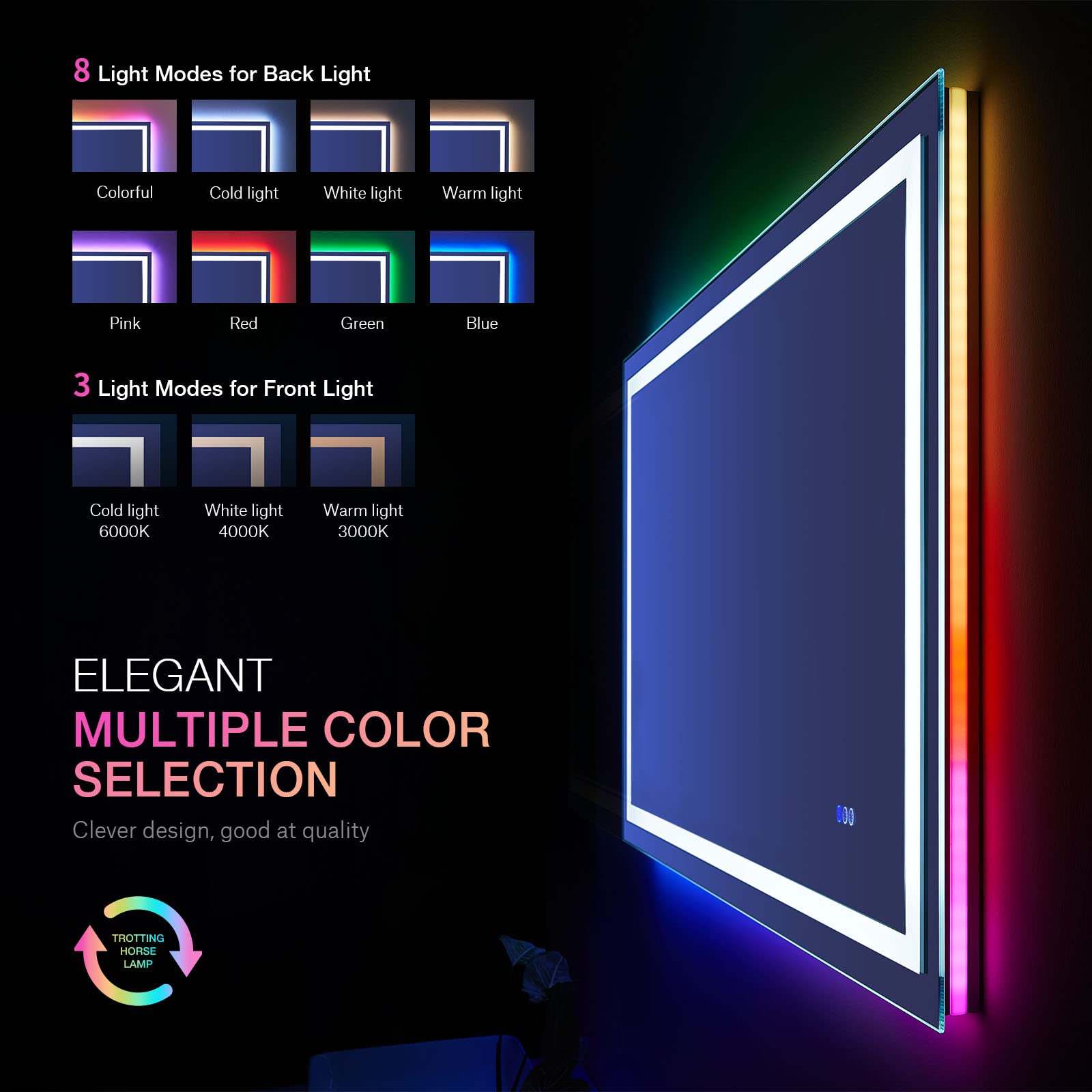 LOAAO 48''X36'' LED Bathroom Mirror with Lights  Anti-Fog  Dimmable  RGB Backlit + Front Lighted  Bathroom Vanity Mirror for Wall  Memory Function