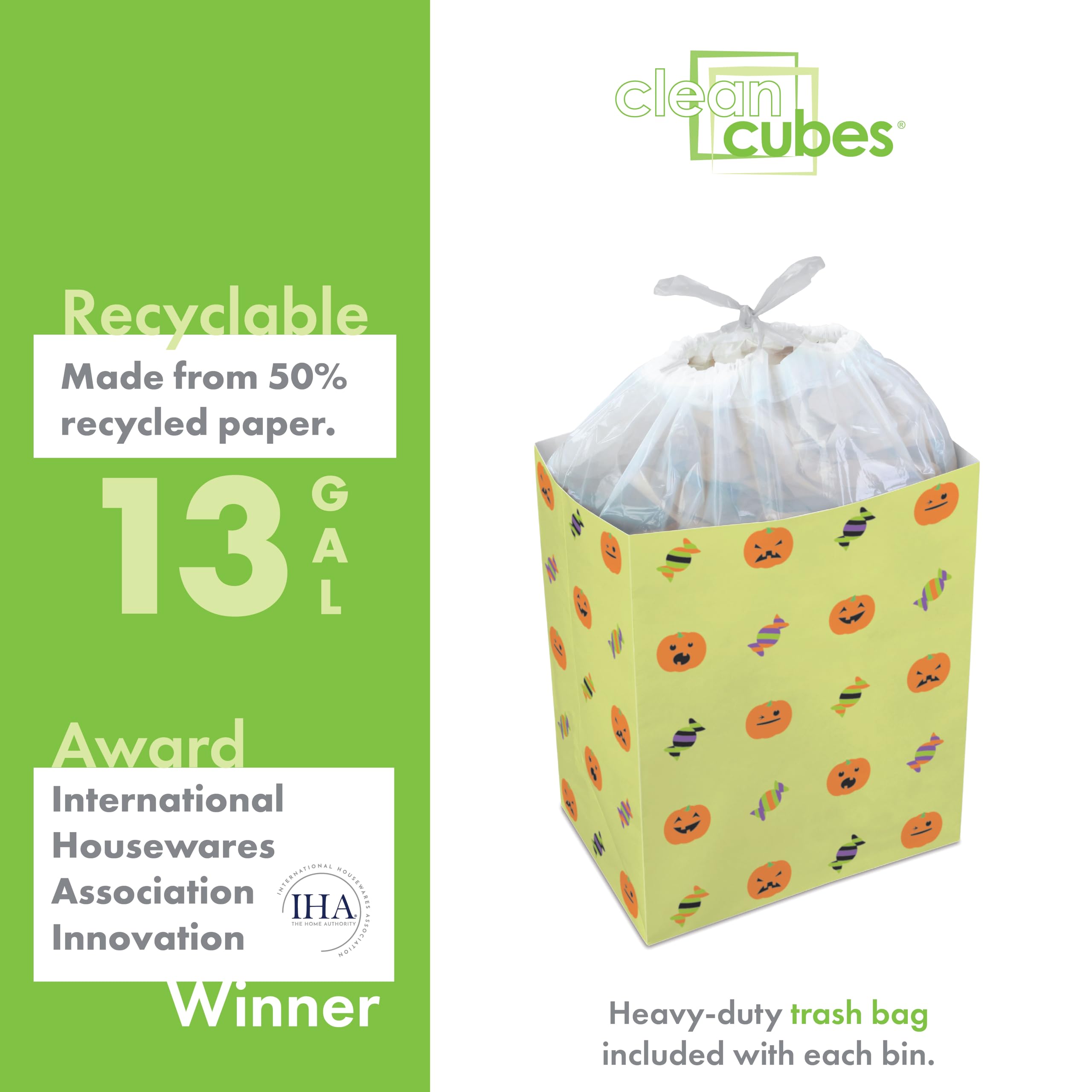 Clean Cubes 13 Gallon Trash Cans & Recycle Bins for Sanitary Garbage Disposal. Disposable Containers for Parties  Events  Recycling  and More. 3 Pack (Halloween)
