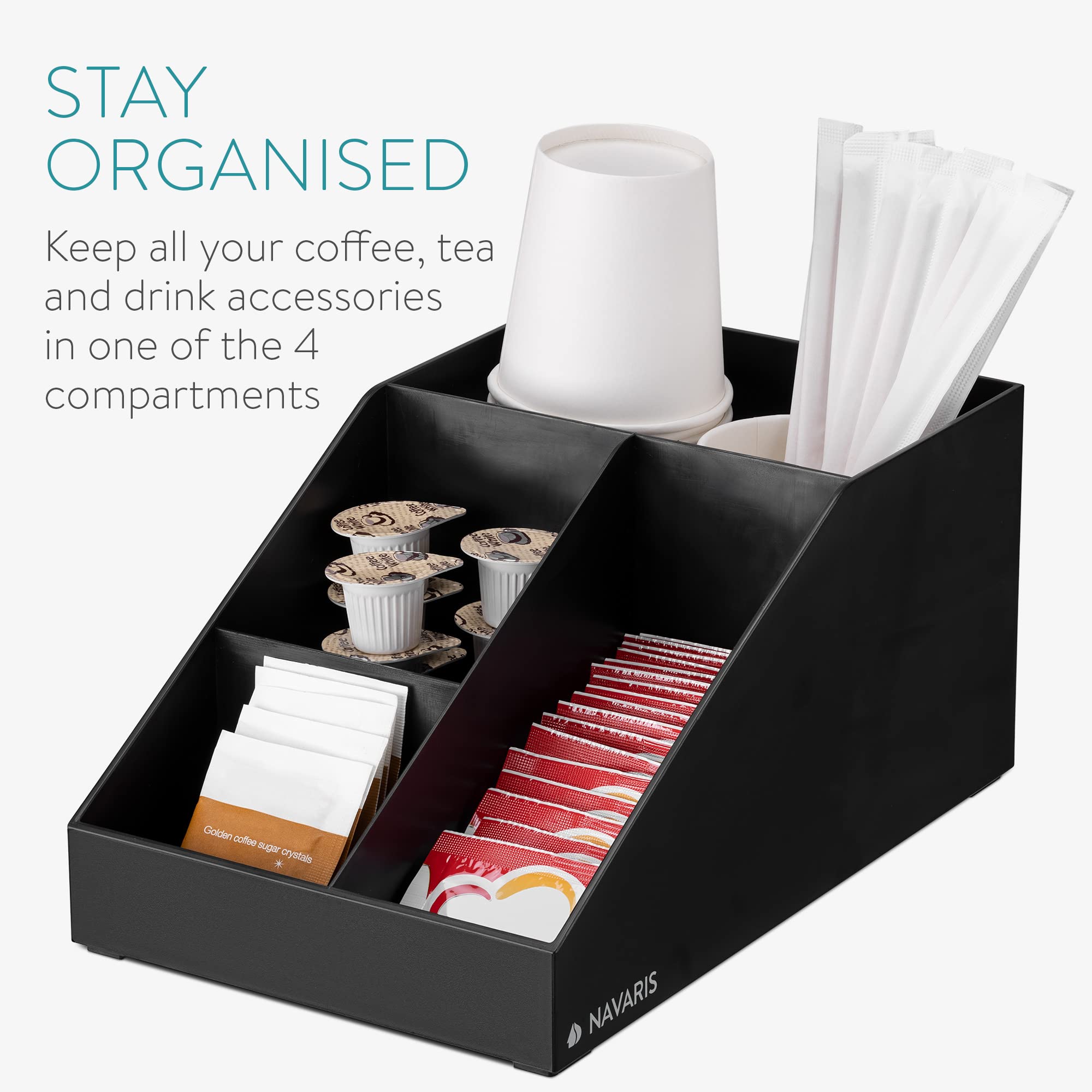 Navaris coffee Station Organizer - coffee Bar countertop Accessories Holder for Sugar  creamer  cups  Tea - Office Kitchen caddy - 4 compartments