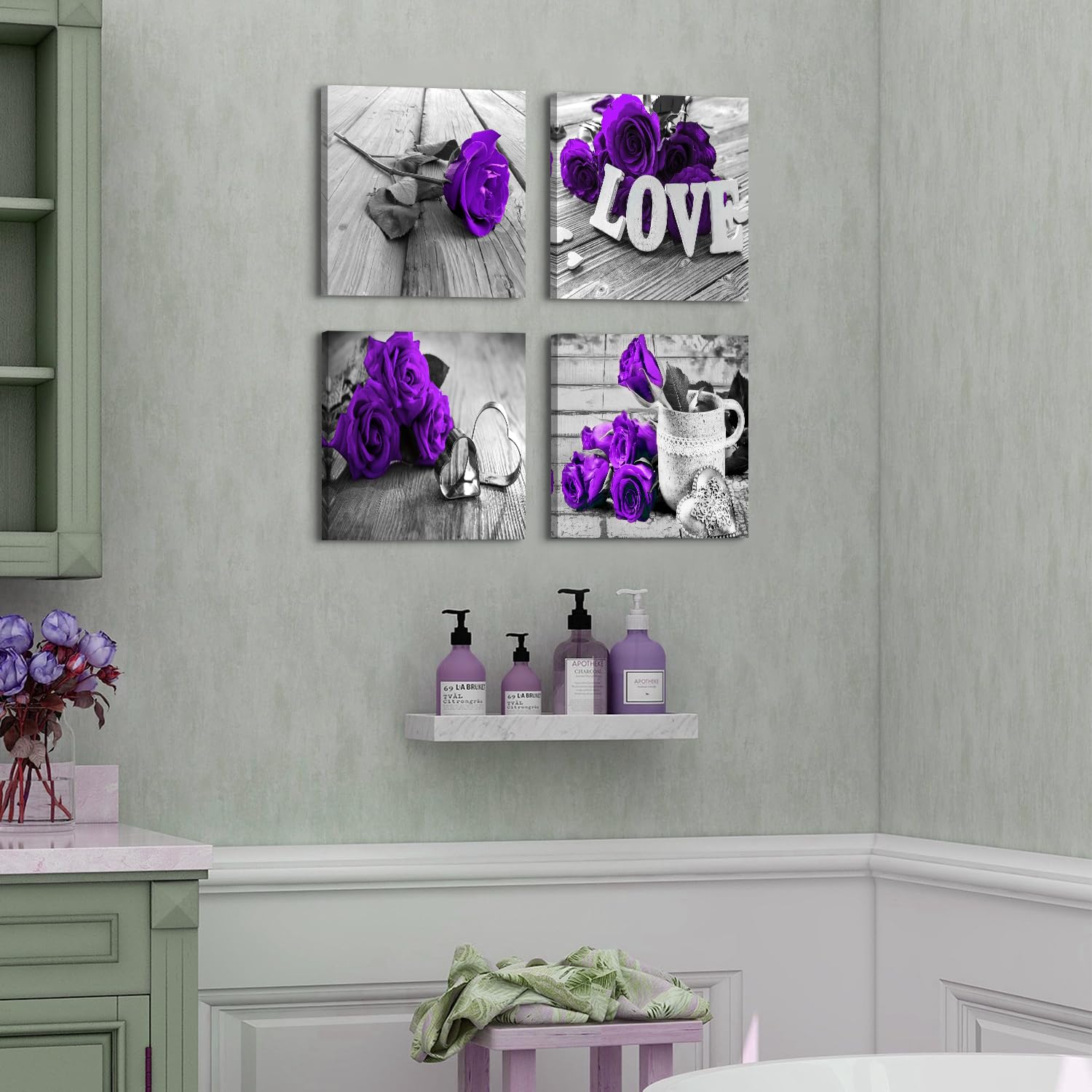 Purple Wall Art Bathroom Decor Rose Flower Canvas Prints Black and White Grey Background Romantic Love Painting Artwork Couple Bedroom Pictures Floral Posters Living Room Home Decorations 12x12 4 Pcs