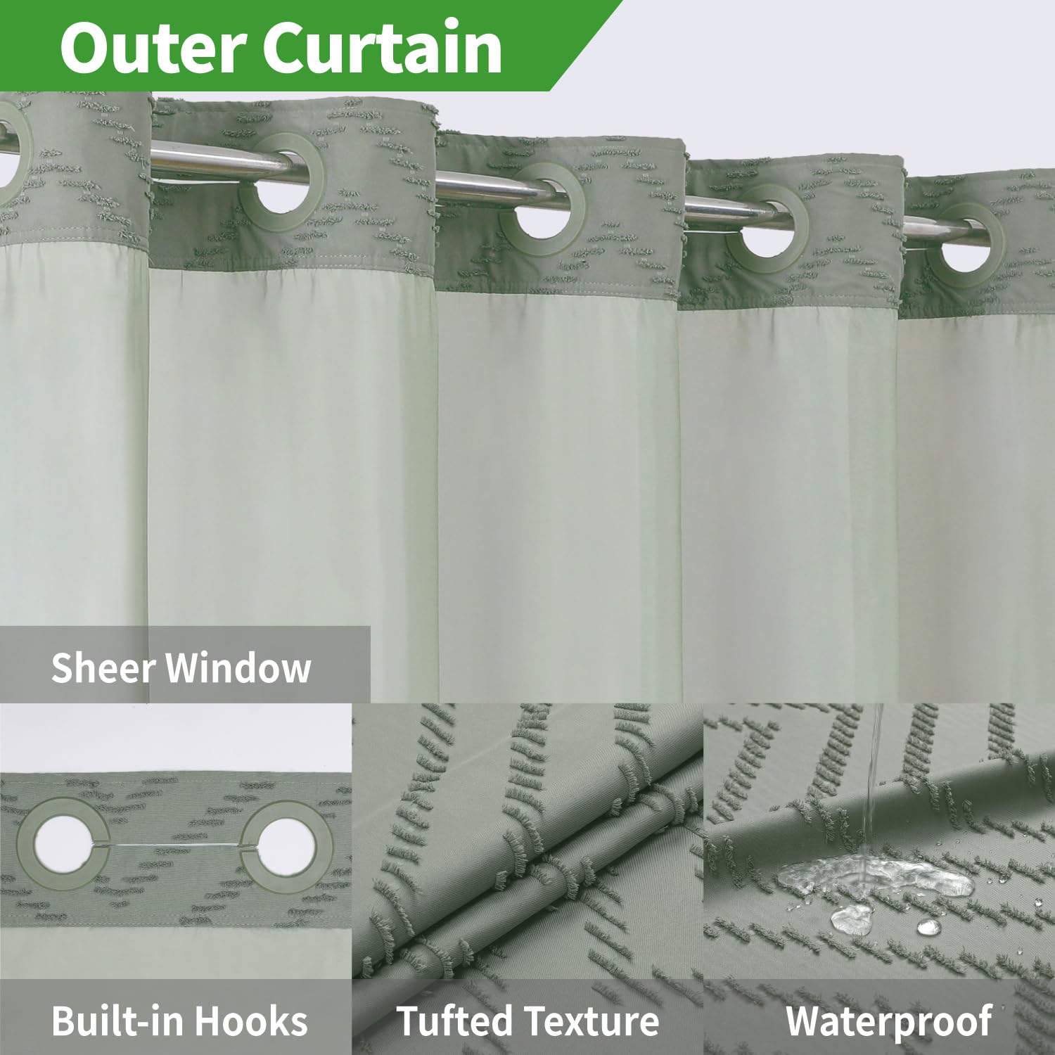 Eachope Long No Hook Tufted Chevron Striped Shower Curtain With Snap-In Fabric Liner Set-71Wx80H(78H),Sage Green Hotel Grade Boh