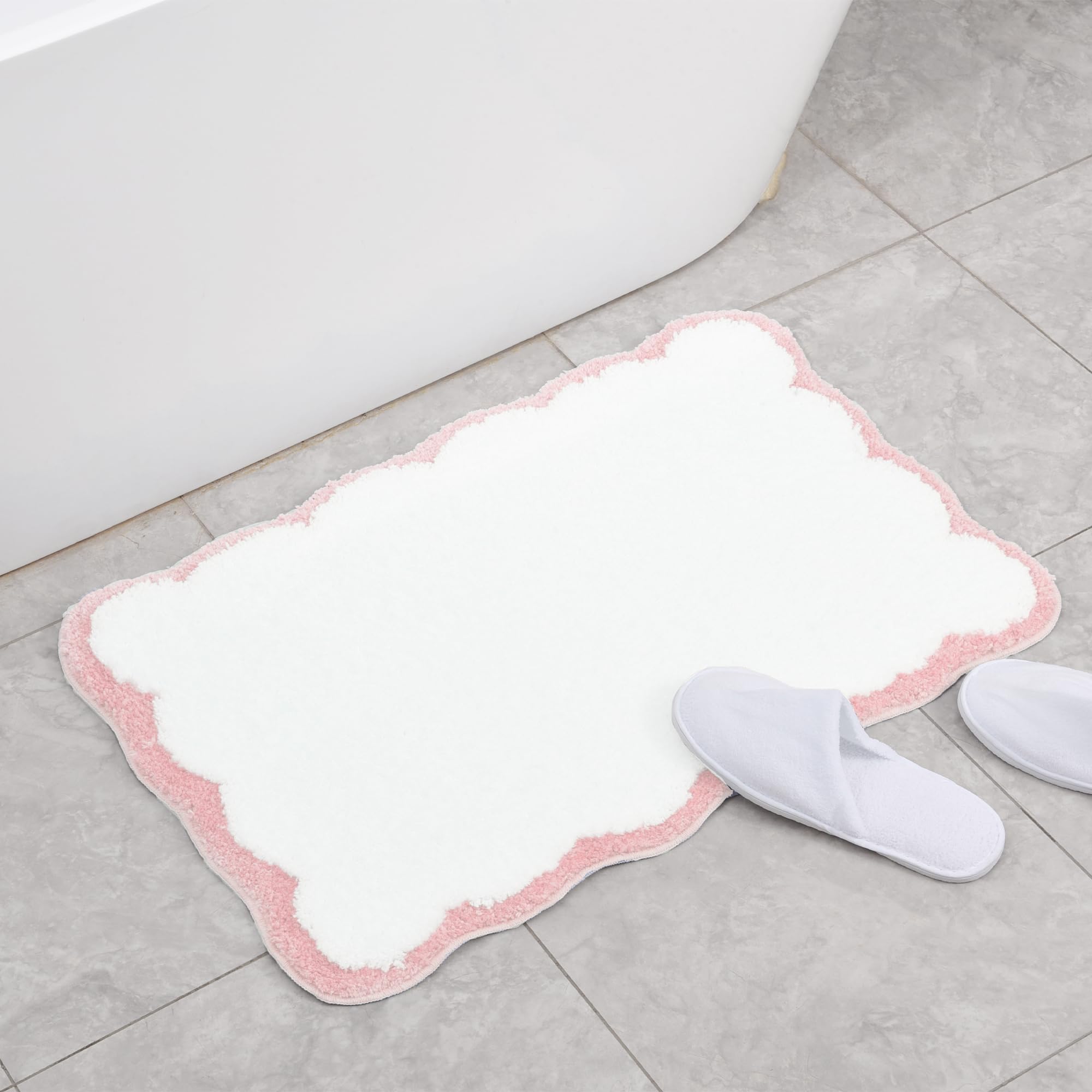 Luxury Microfiber Bathroom Rugs, White Bath Rug With Pink Scalloped Piping Cute Aesthetic Bath Mat For Bathroom, Tub, Floor Carp