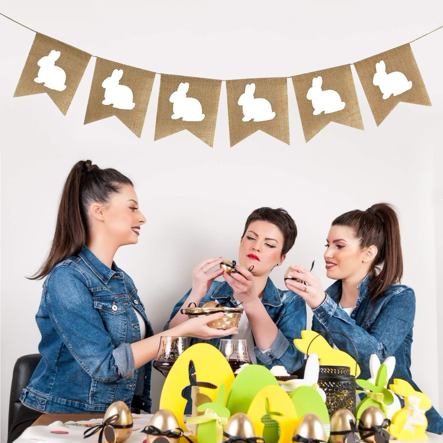 Partyprops Easter Burlap Bunny Garland | Burlap Rabbit Garland Banner | Easter Decorations | Rustic White Bunny Garland For Mant