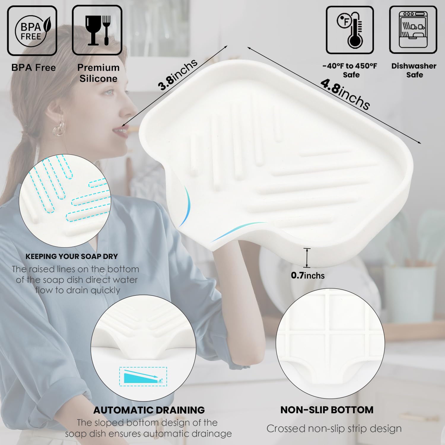 Yasmen Silicone Bathroom Soap Dishes, Sink Sponge Holder For Kitchen, 2Pcs Rubber Soap Dish With Drain, Shower Soap Sponge Tray,