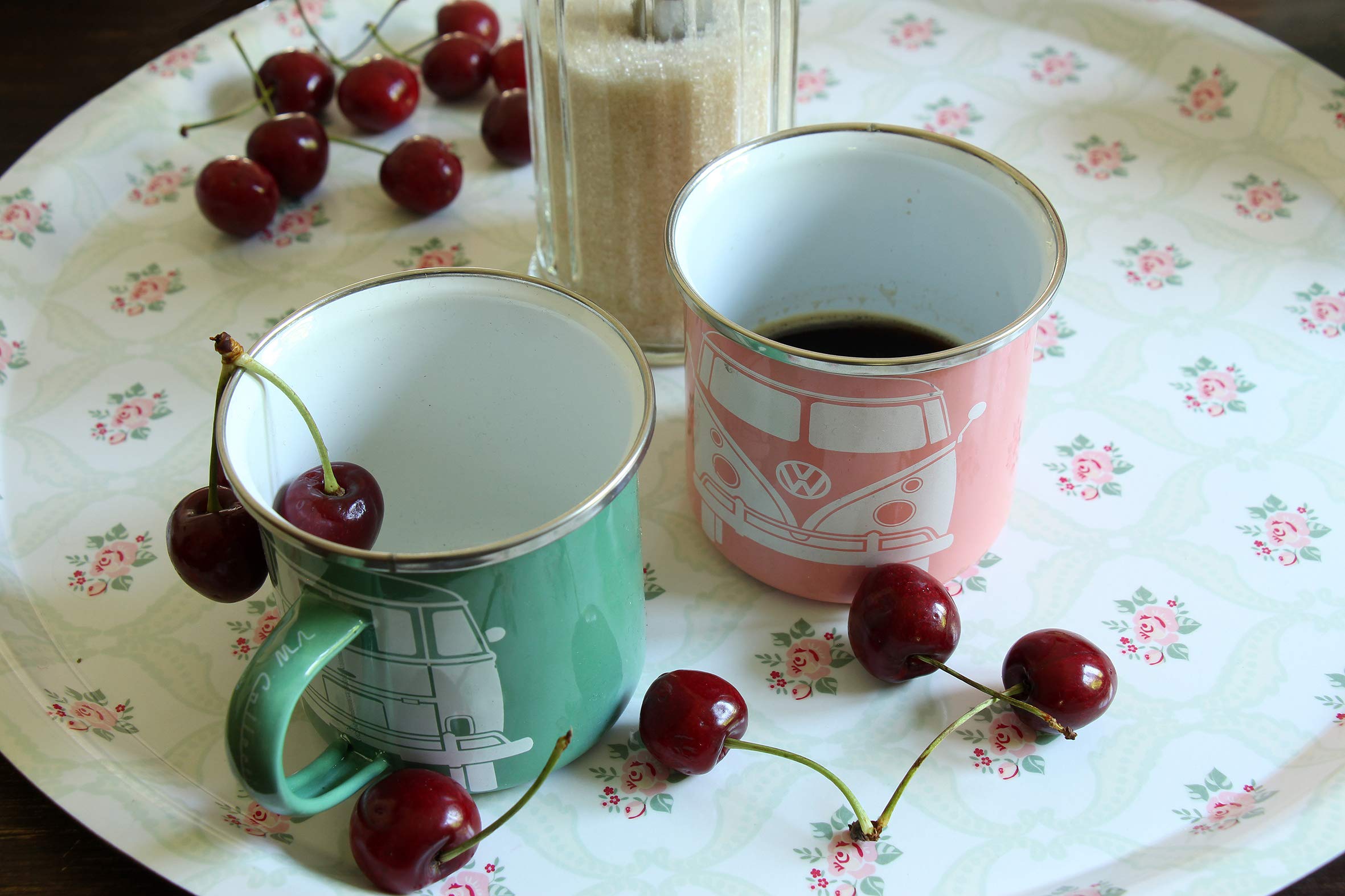 BRISA VW Collection - Volkswagen 2-piece Enamel Coffee-Tea Mug Cup Set for Camping & Outdoor T1 Bus (Green/Rose)