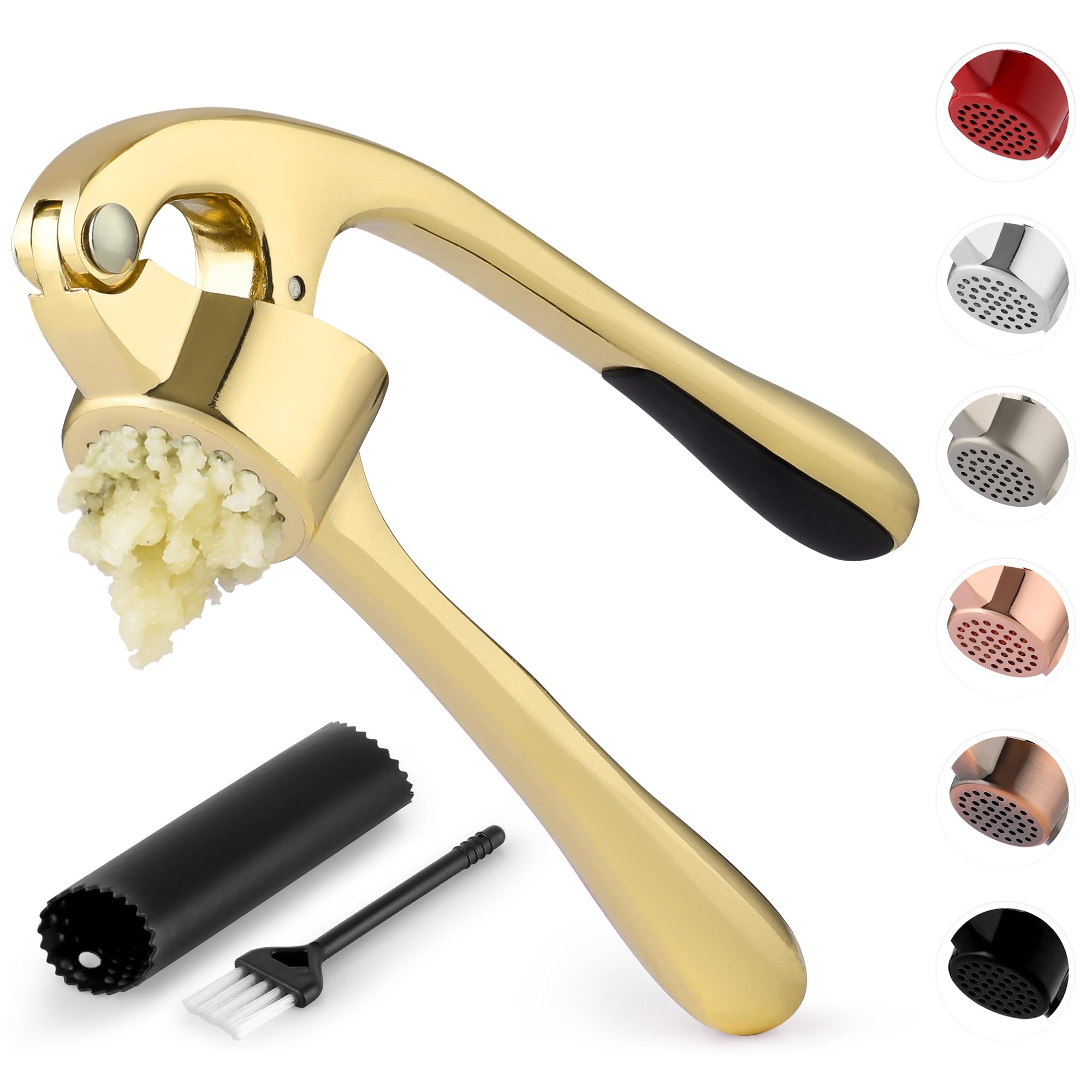 Zulay Kitchen Premium Garlic Press With Soft, Easy To Squeeze Handle - Includes Silicone Garlic Peeler & Cleaning Brush - 3 Piec