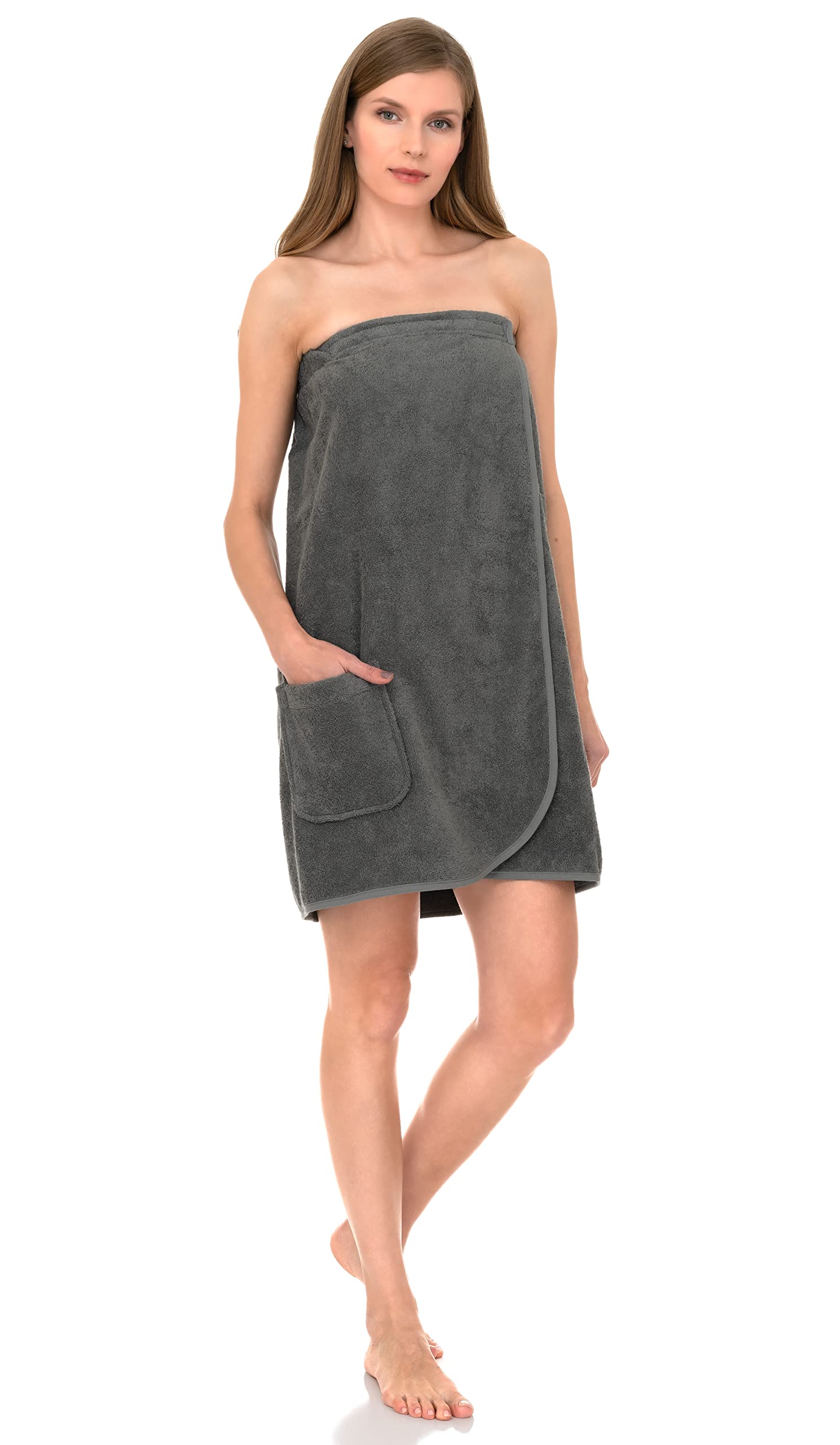Towelselections Womens Shower Wrap Adjustable Cotton Terry Cloth Gym Cover Up With Snaps Large/X-Large Gray