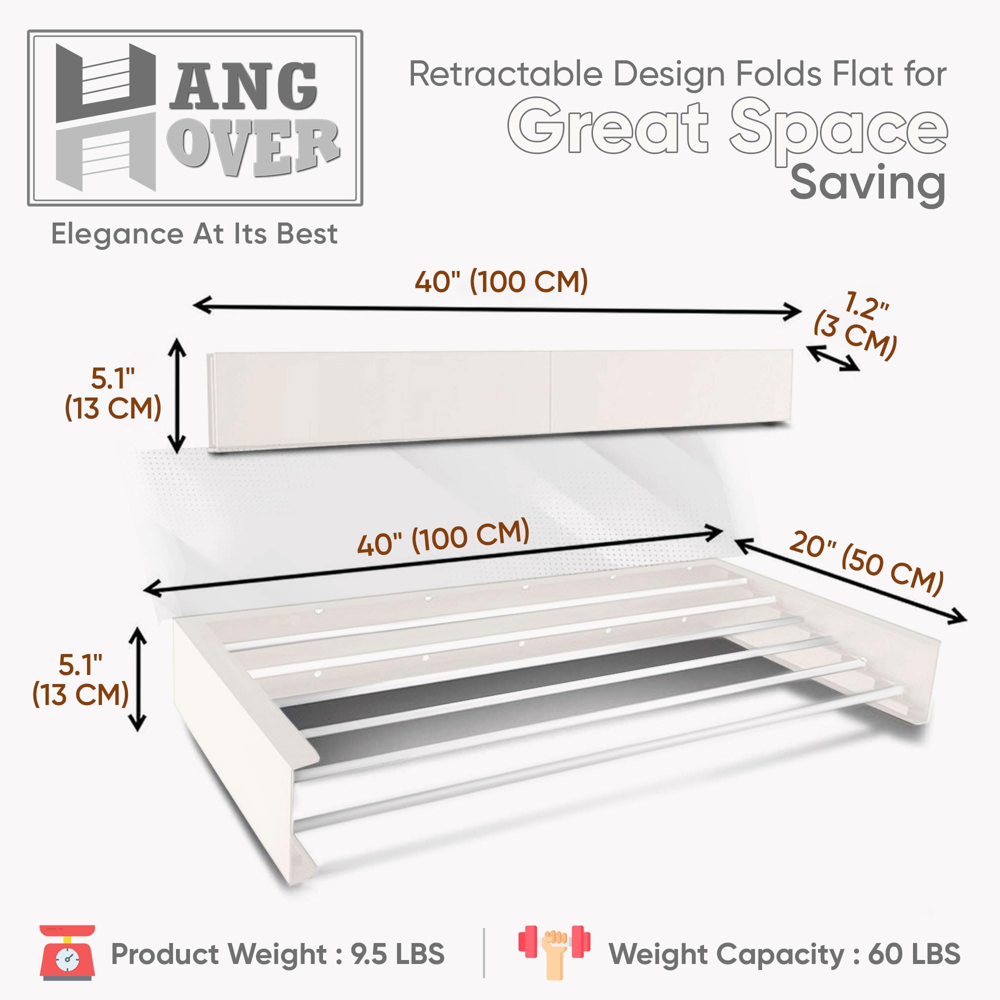 TCO ADVENTURES Invisible Wall Mounted Drying Rack 40'' Wide  an Elegant Wall-Mounted Hanger  Folding Stainless Steel Collapsible Space Saver with 236.22 inches Drying Capacity (Signal White)