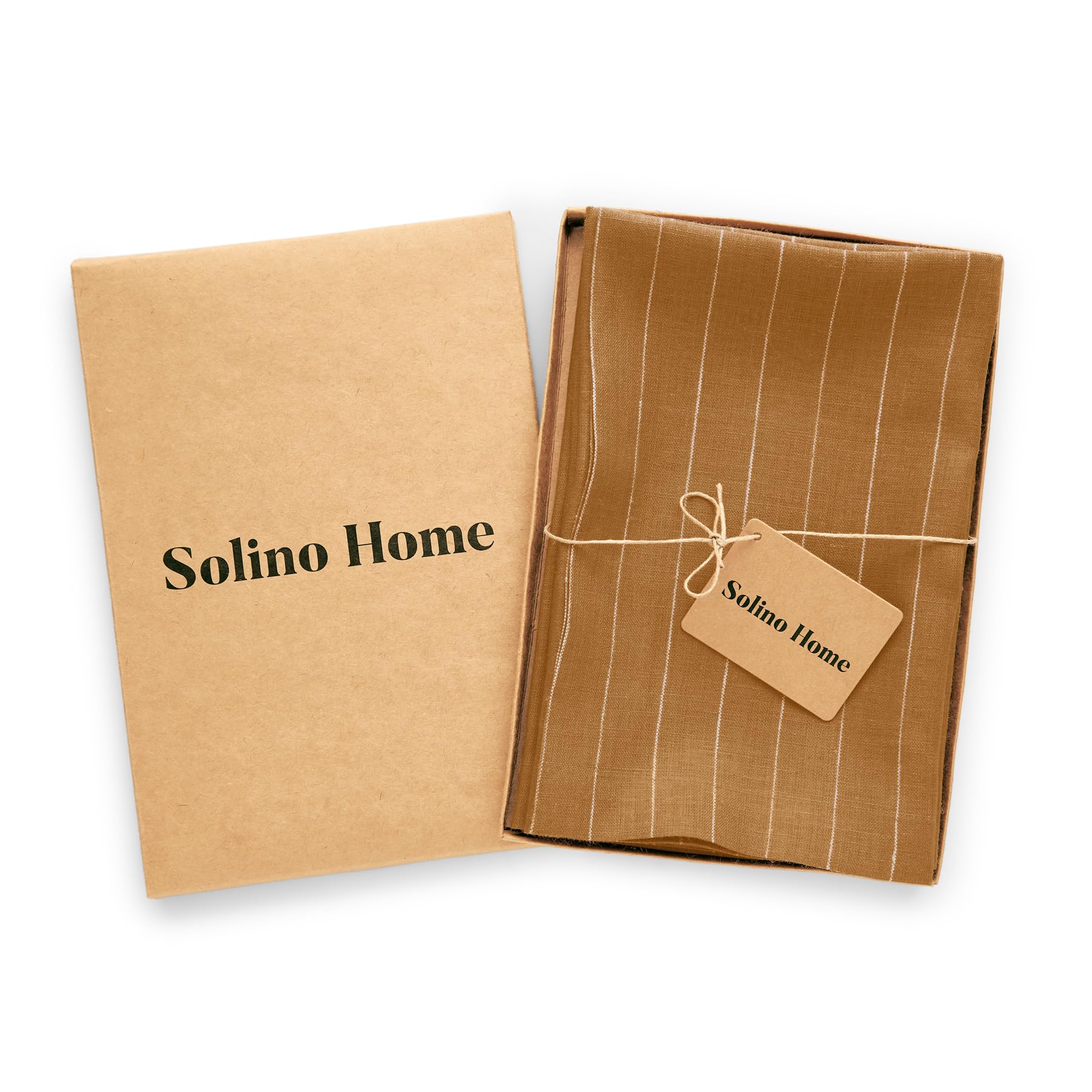 Solino Home Pinstripe Linen Dinner Napkins 20 X 20 Inch - 100% Pure Linen Camel And White Cloth Napkins Set Of 4 - Handcrafted A