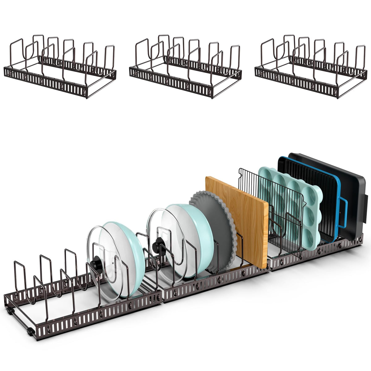 Puricon 15 Adjustable Dividers Pot Rack Pan Lid Organizer, 3 In 1 Skillet Griddle Cutting Board Baking Holder, 3 Pack Cookware F