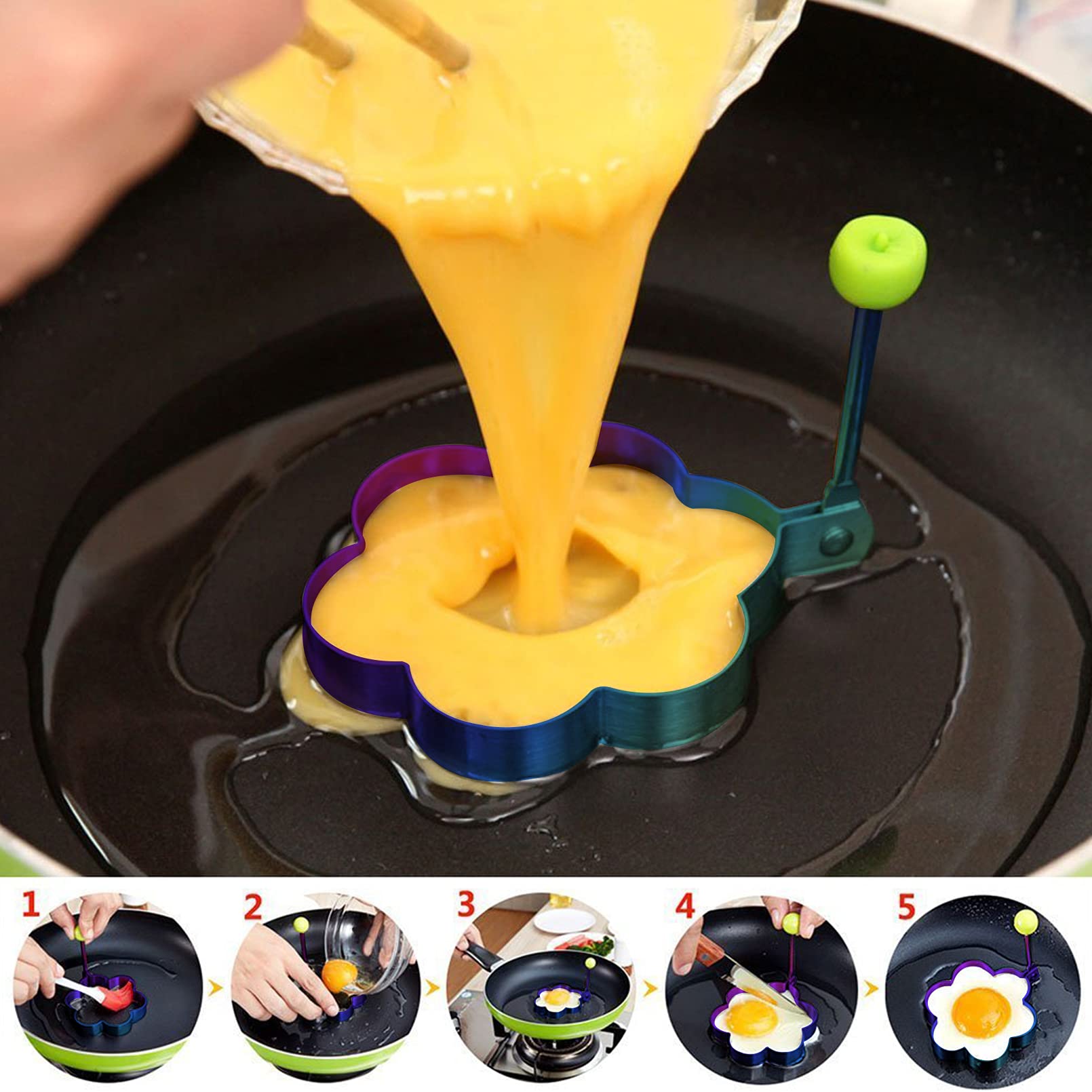 Slomg Rainbow Set Fried Egg Rings Molds Non Stick For Griddle Pan, Egg Shaper Pancake Maker With Handle, Stainless Steel Egg For