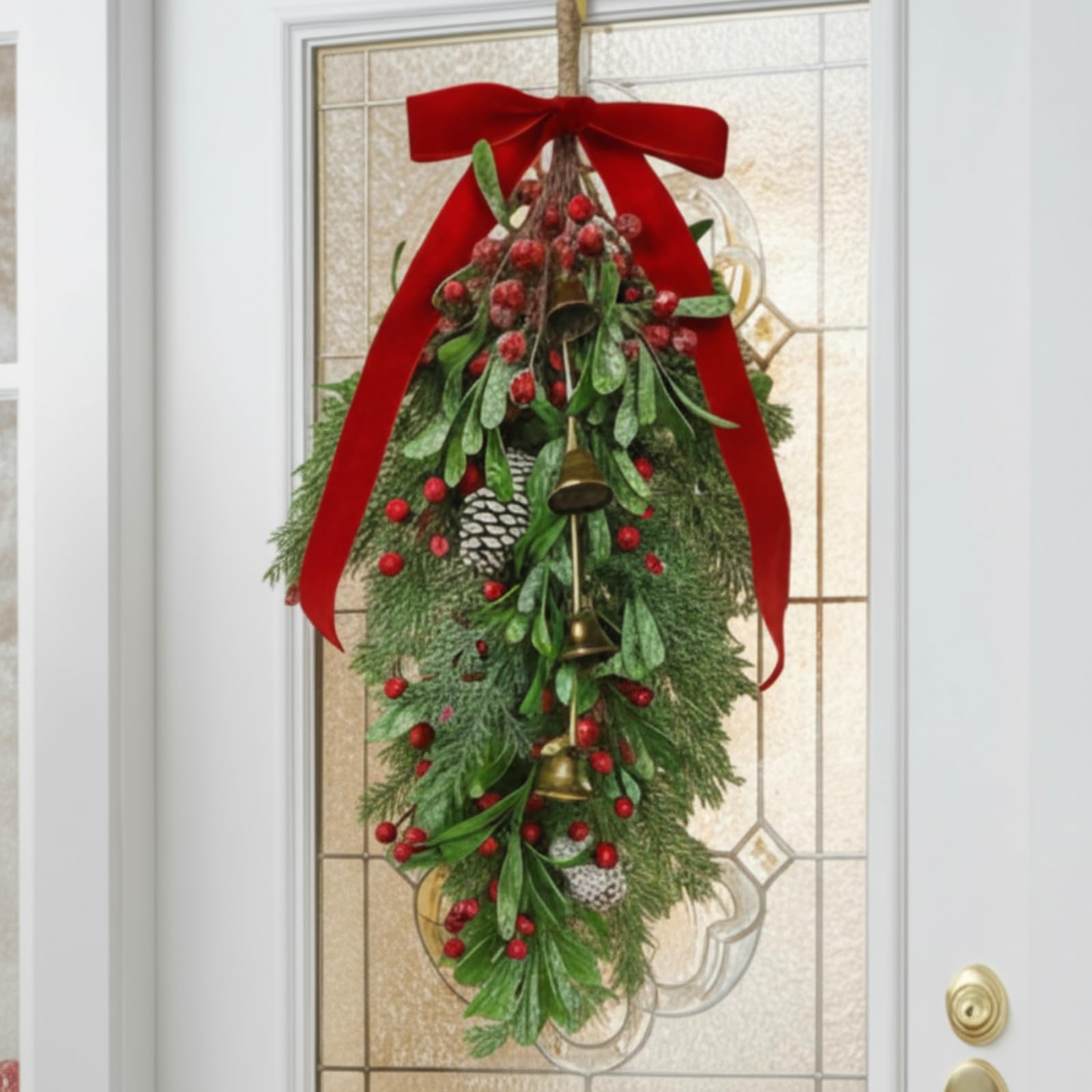 Daifunli 1pcs Christmas Teardrop Swag 30'' Mistletoe Artificial Christmas Decorative Swag Pine Cedar Holly Berry Hanging Wreath 