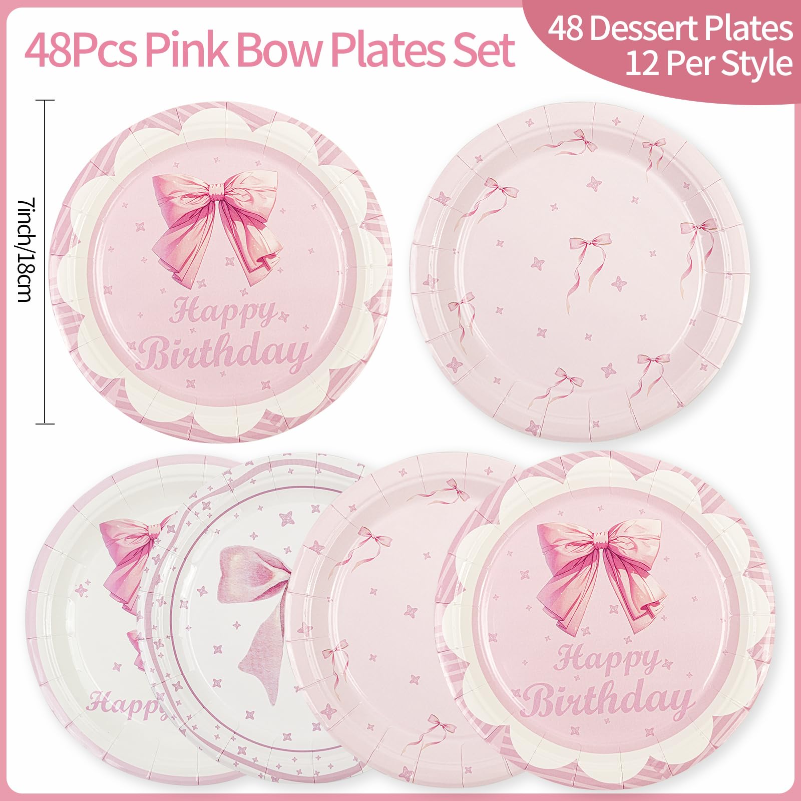 48Pcs Bow Plates, Pink Bow Birthday Plates 7 Inch Pink Disposable Paper Plates Coquette Cute Tableware Dinnerware Sets Girl Brid