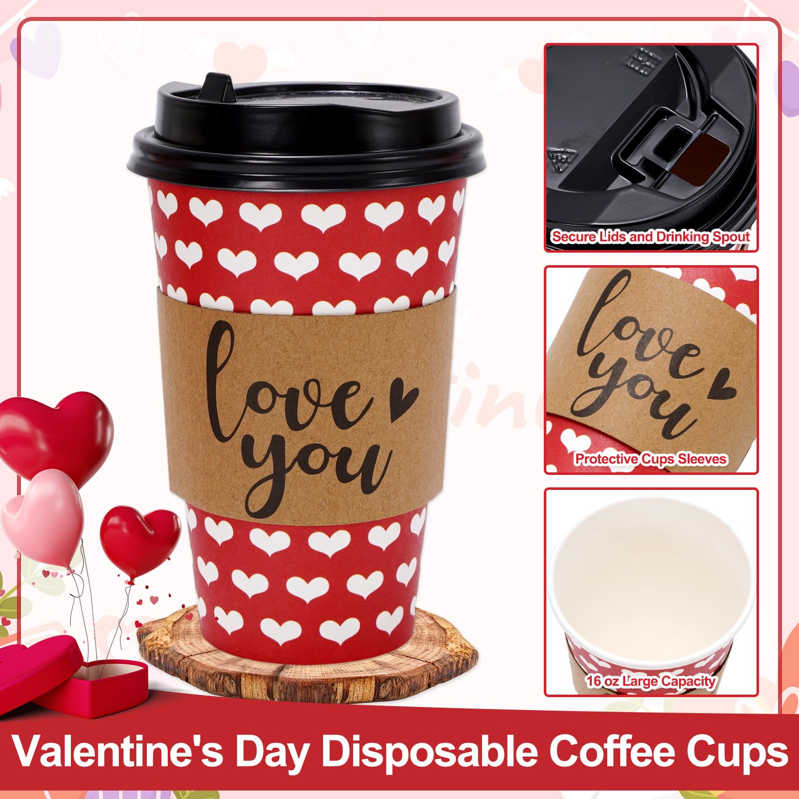 Jarthenaamcs 48 Pack Red White Heart Disposable Coffee Cups With Lids And Sleeves Valentine'S Day Paper Cups Love Drinking Cups