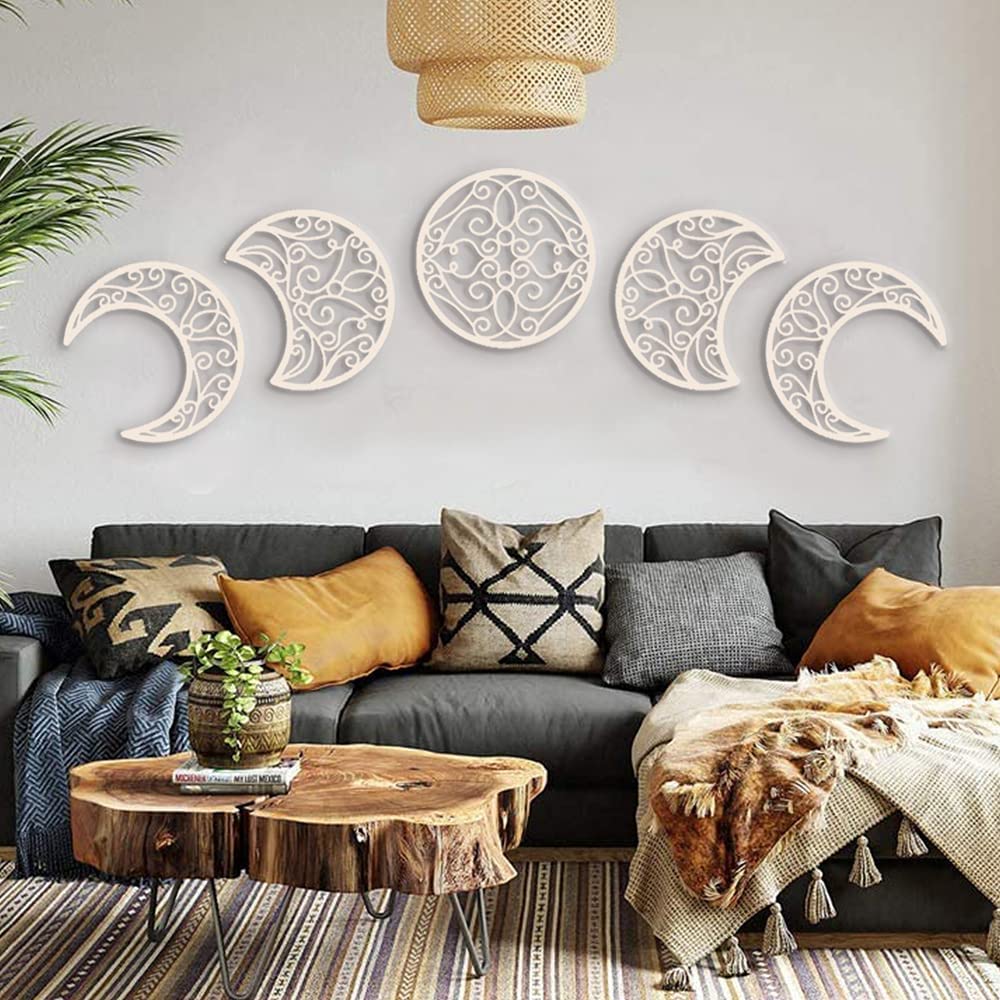 B DyBoHF Moon Decoration Wall Decoration  Moon Appearance Wall Art Decoration (5 Pieces) Nordic Wood Moon Appearance Natural Design Moon Interior  Boho Bedroom Decor Home Wall Decoration (Wood color)